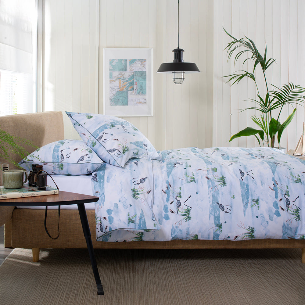 Wader Cotton Duvet Cover Set 100% Fabric With Printed Design And Piped Edges | Double | Blue