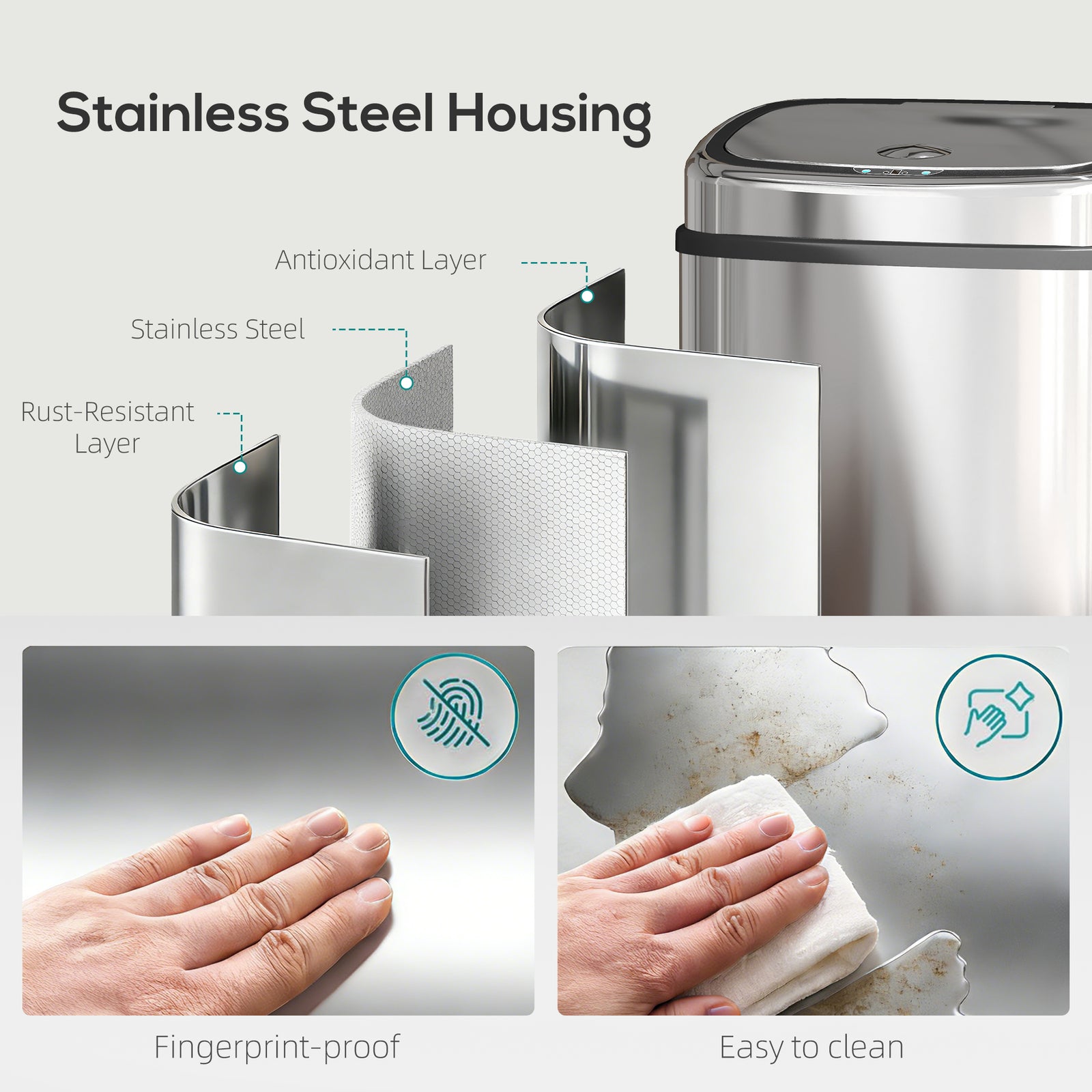 HOMCOM 50L Sensor Bin with Soft-Close Lid Automatic Kitchen Bin Silver Tone