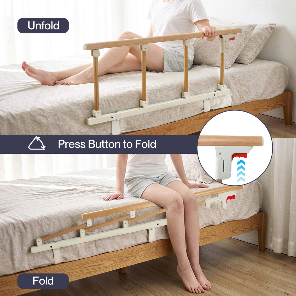 Bed Rail Folding Bed Guard Safety For Elderly Adults Assist Bed Side | White