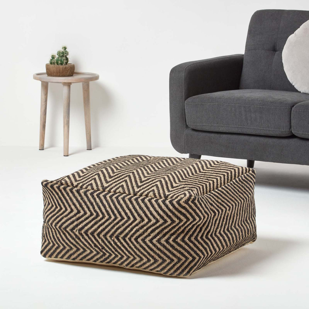 HOMESCAPES Black And Cream Chevron Pattern Large Square Pouffe