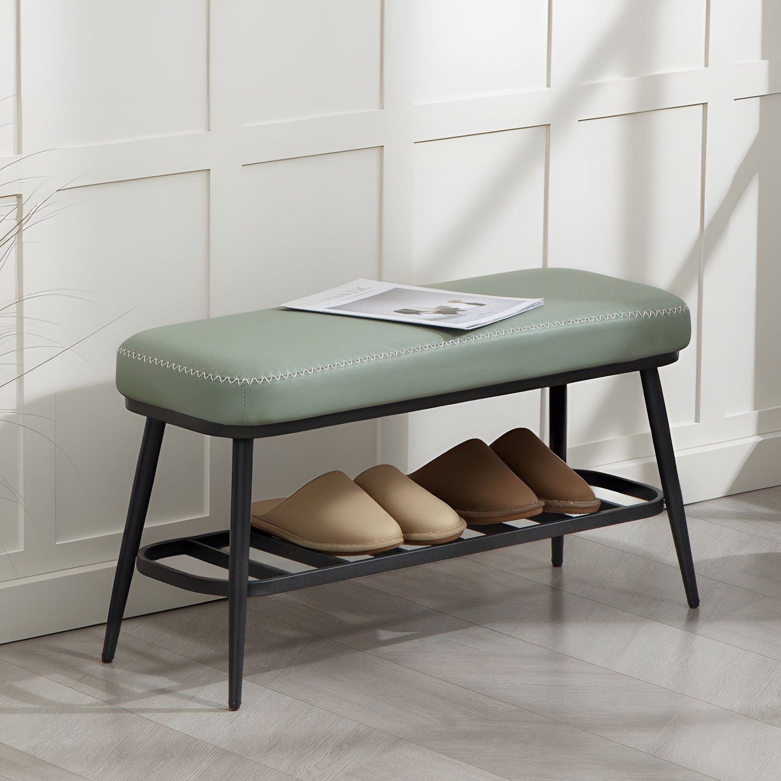 Shoe Bench, Pu Leather Shoe Storage Bench For Entryway | Green