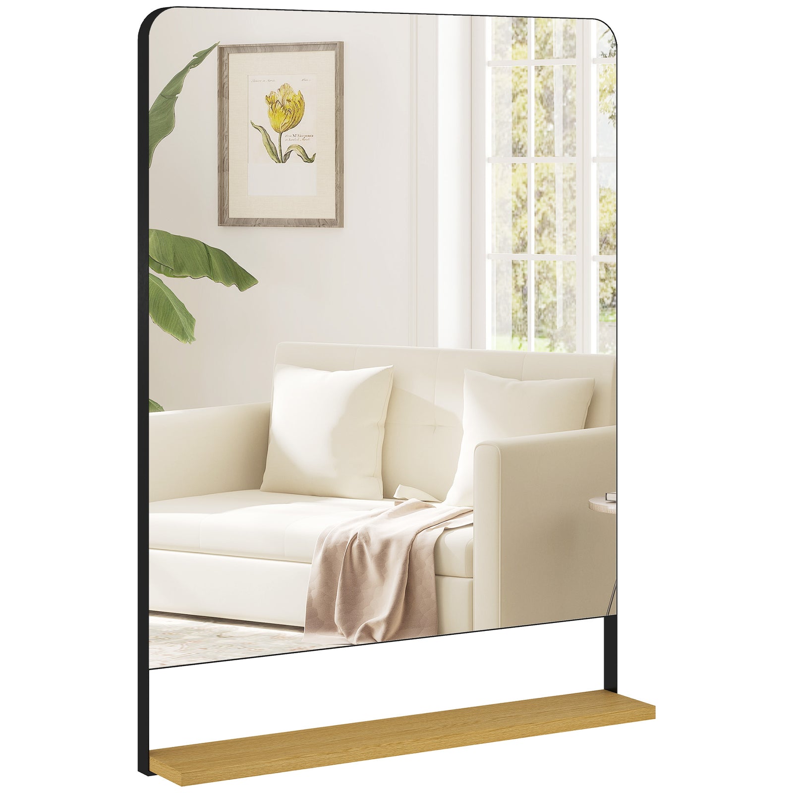 Decorative Mirror With Wood Shelf, Industrial Wall Mirror | L | Black