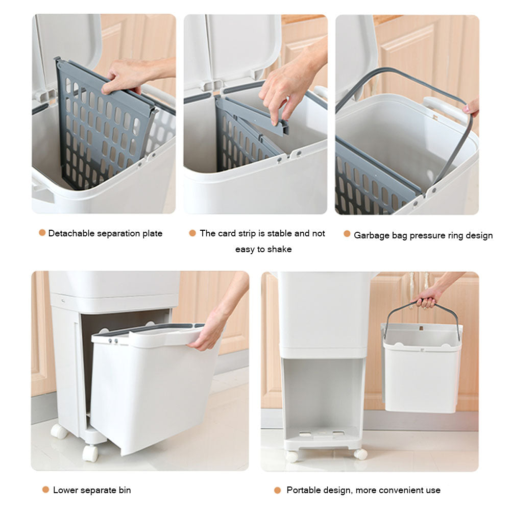 White Double-layer Three-compartment Trash Can With Wheels | 38l