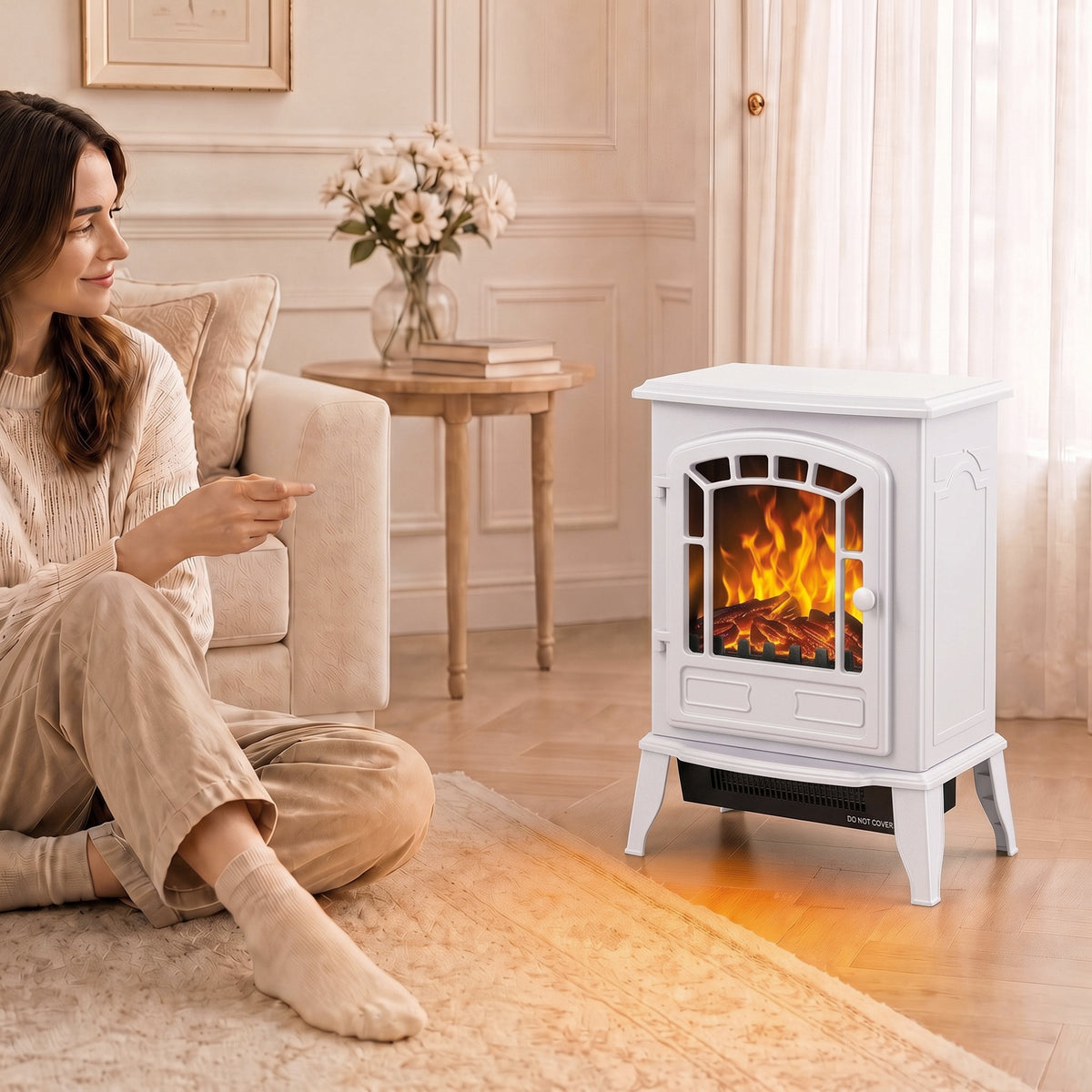 Freestanding Electric Fireplace Stove With Led Flame, 2000w | White