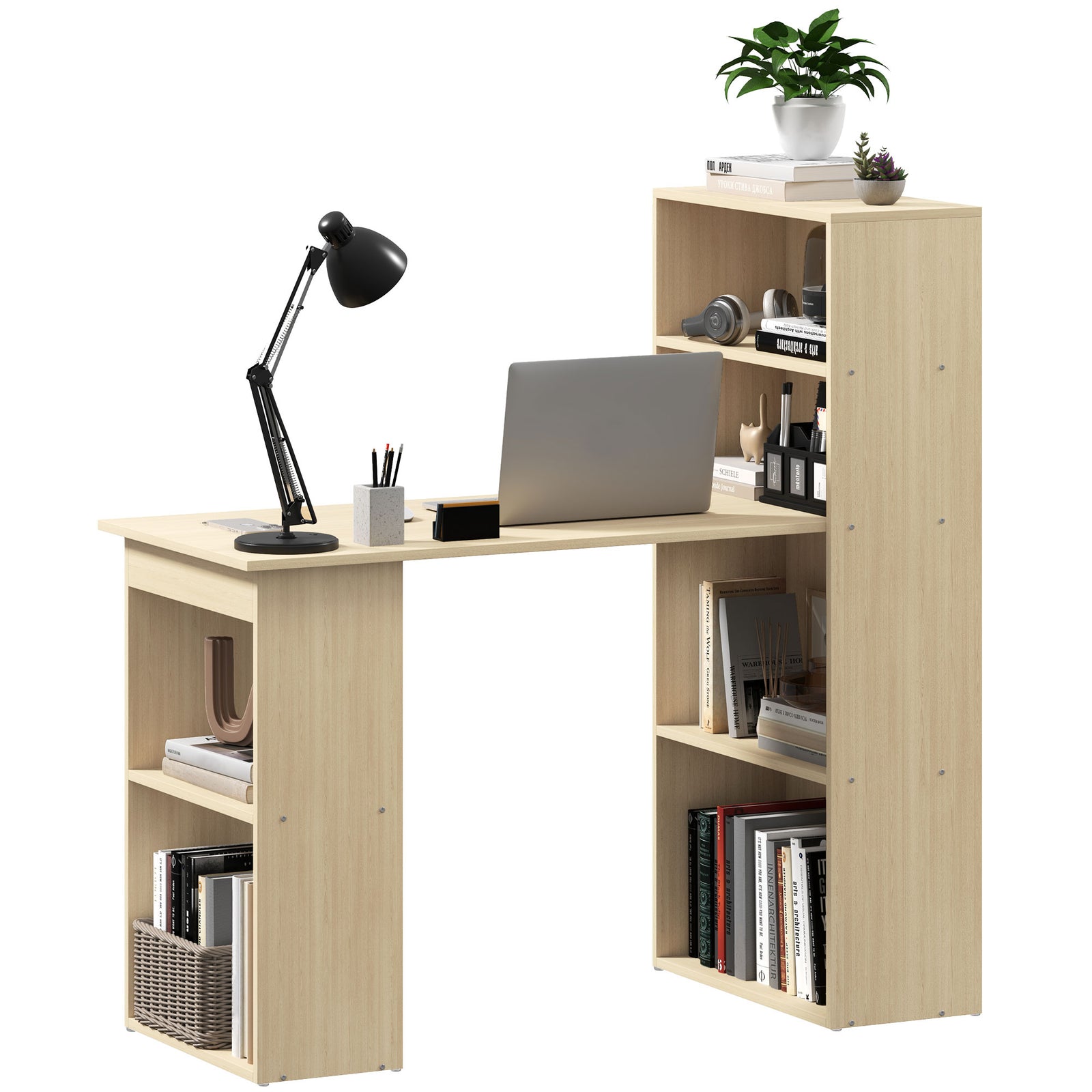 120cm Computer Desk Bookshelf Writing Table 6 Shelves | Natural