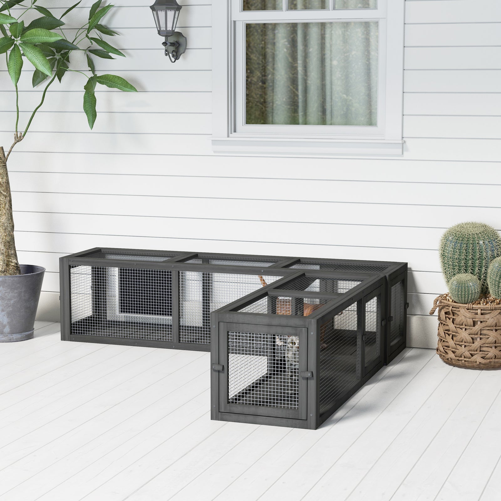 Cat Tunnel, 250cm Extra Long Wooden Cat Play Tunnel With 8 Doors Grey