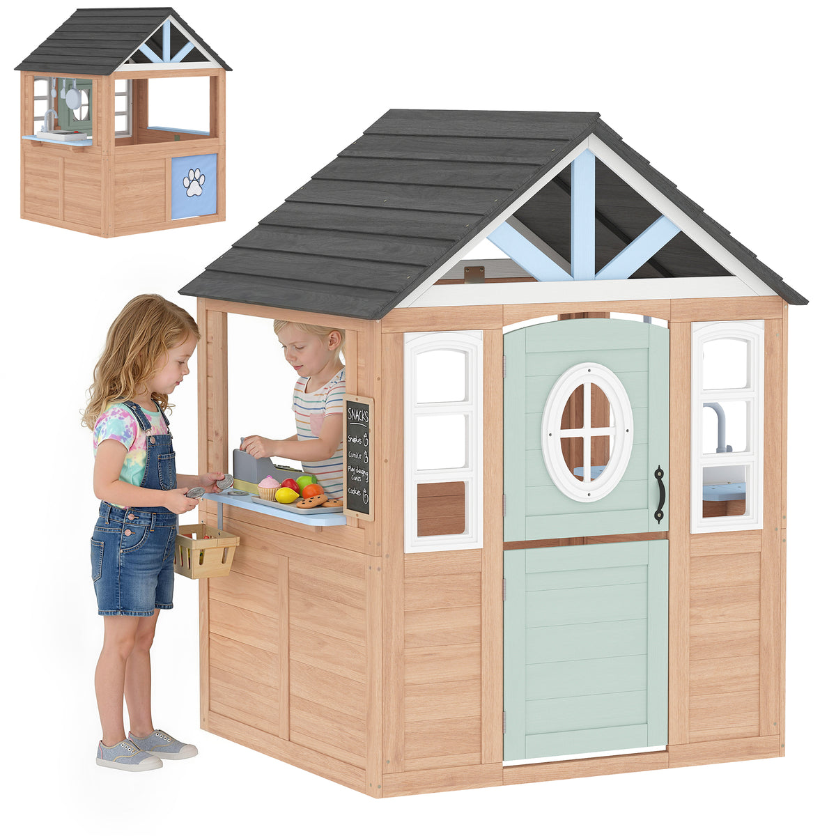 AIYAPLAY Playhouse For Kids, Wooden Wendy House With Pet Door, Play Kitchen