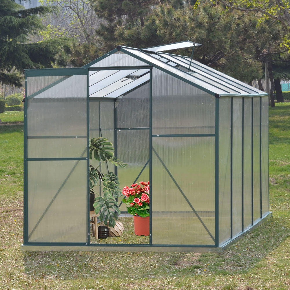 Polycarbonate Greenhouse– Aluminum Frame Walk-in Greenhouse With Sliding Door & Ventilation Window For Plants & Flowers, Green, 8 x 6ft
