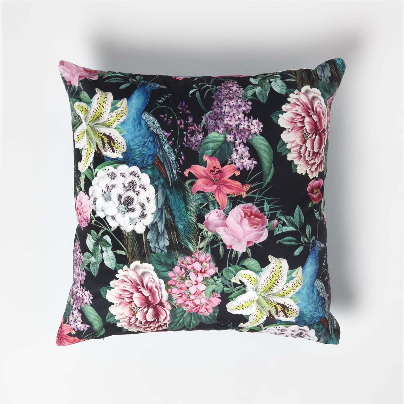 Floral Peacock Filled Velvet Cushion 46 X 46 Cm | 45cm x 45cm | Teal