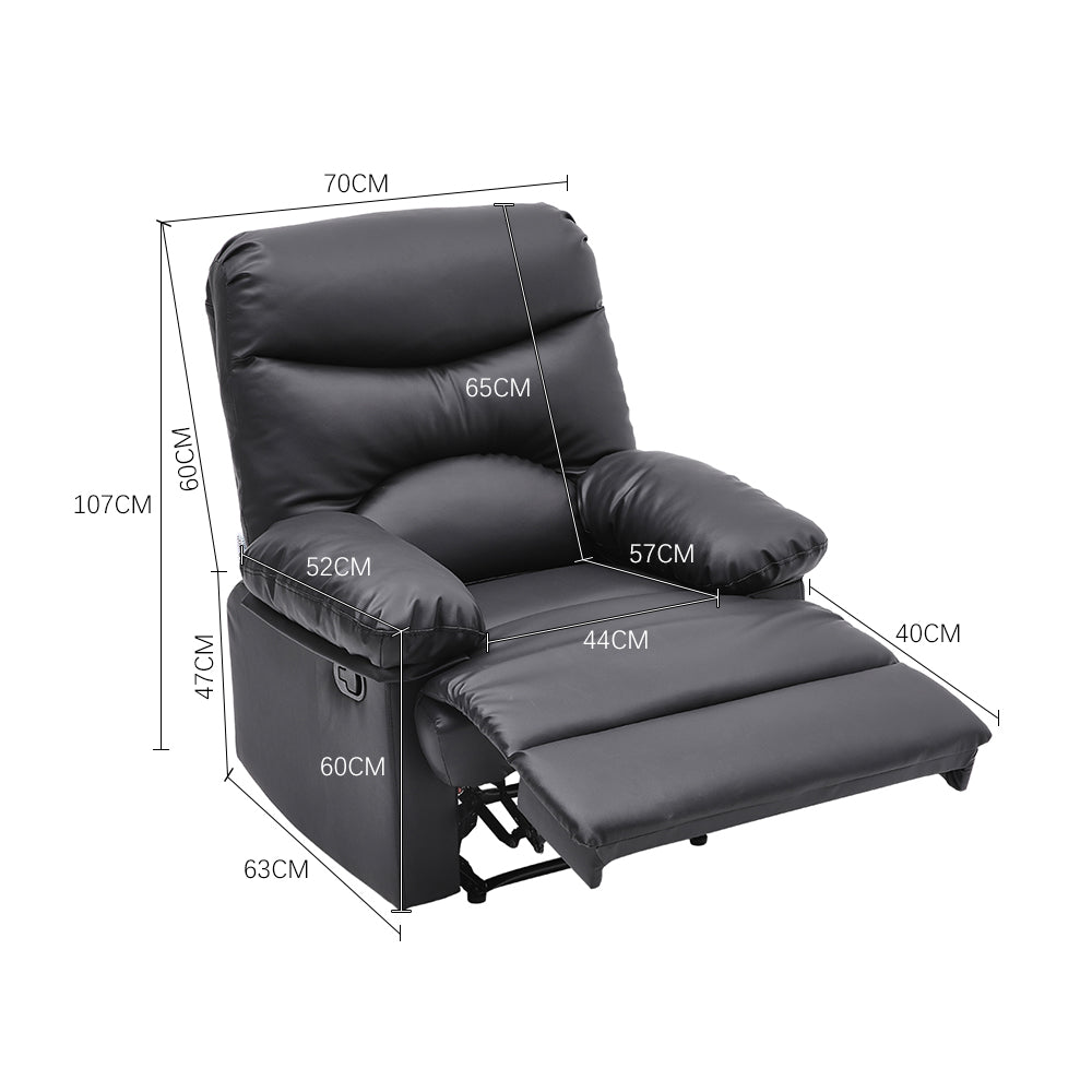 Manual Faux Leather Recliner Armchair Upholstered Lounge Chair With Adjustable Backrest & Footrest For Living Room, Bedroom, Home Theater & Office | Black