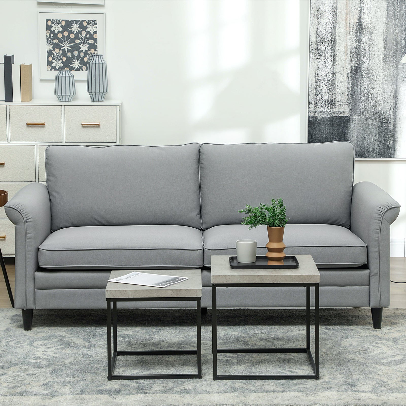 Modern 3 Seater Sofa For Living Room, Fabric Couch Settee | Grey