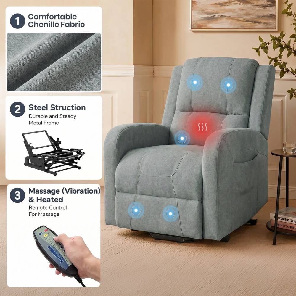 Linen Upholstery Electric Massage Recliner Armchair With Heat, 8-point Vibrating System, Adjustable Backrest, Cup Holders & Storage Pocket
