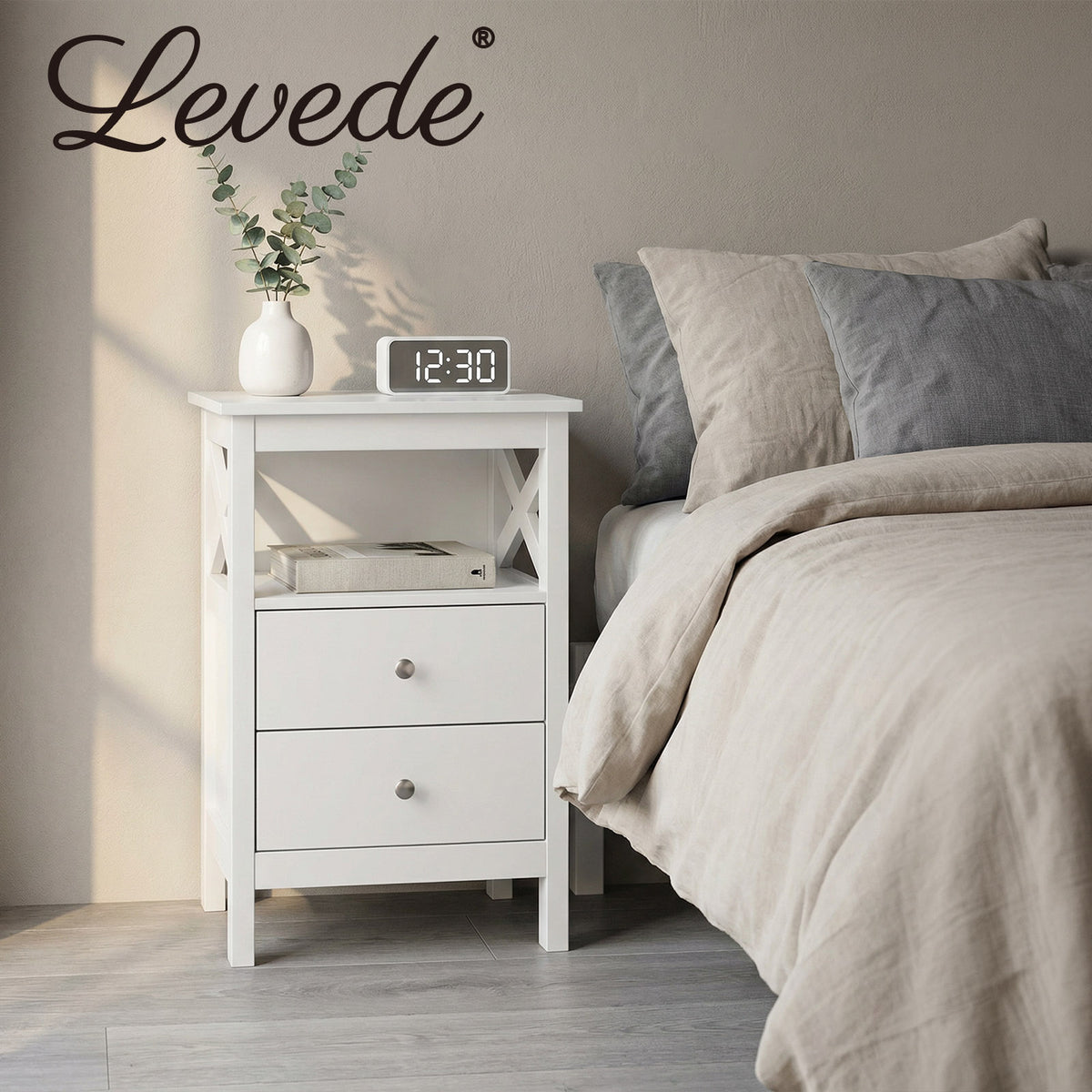 Bedside Table Wood Nightstand Cabinet 2 Storage Drawers Open Shelf | White