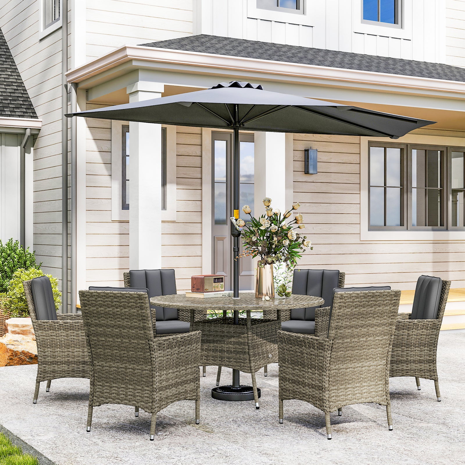 7-piece Pe Rattan Set, Outdoor Dining With Cushions