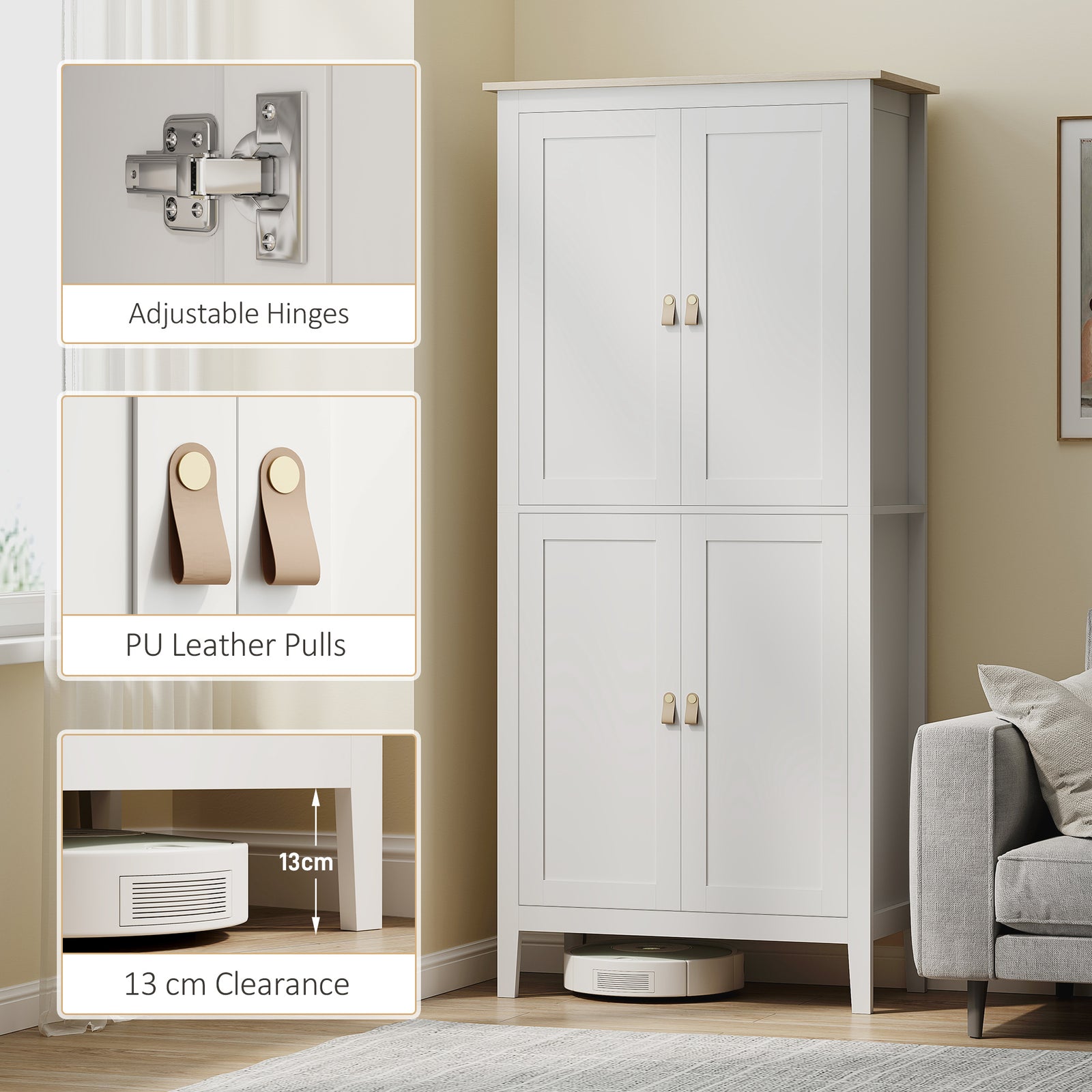 176.5 Cm Tall Freestanding Pantry Storage Cabinet With 4 Doors | White