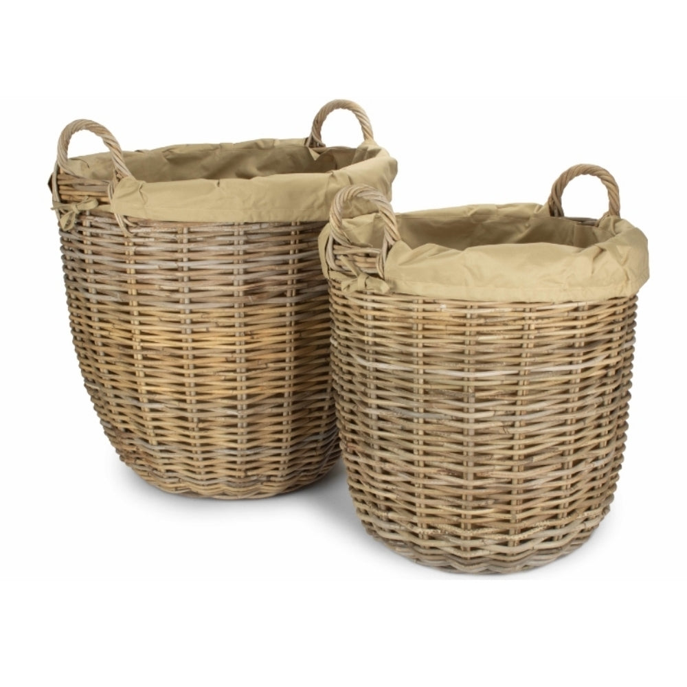 Set Of 2 Tall Round Fireside Grey Rattan Log Basket With Removable Cordura Lining