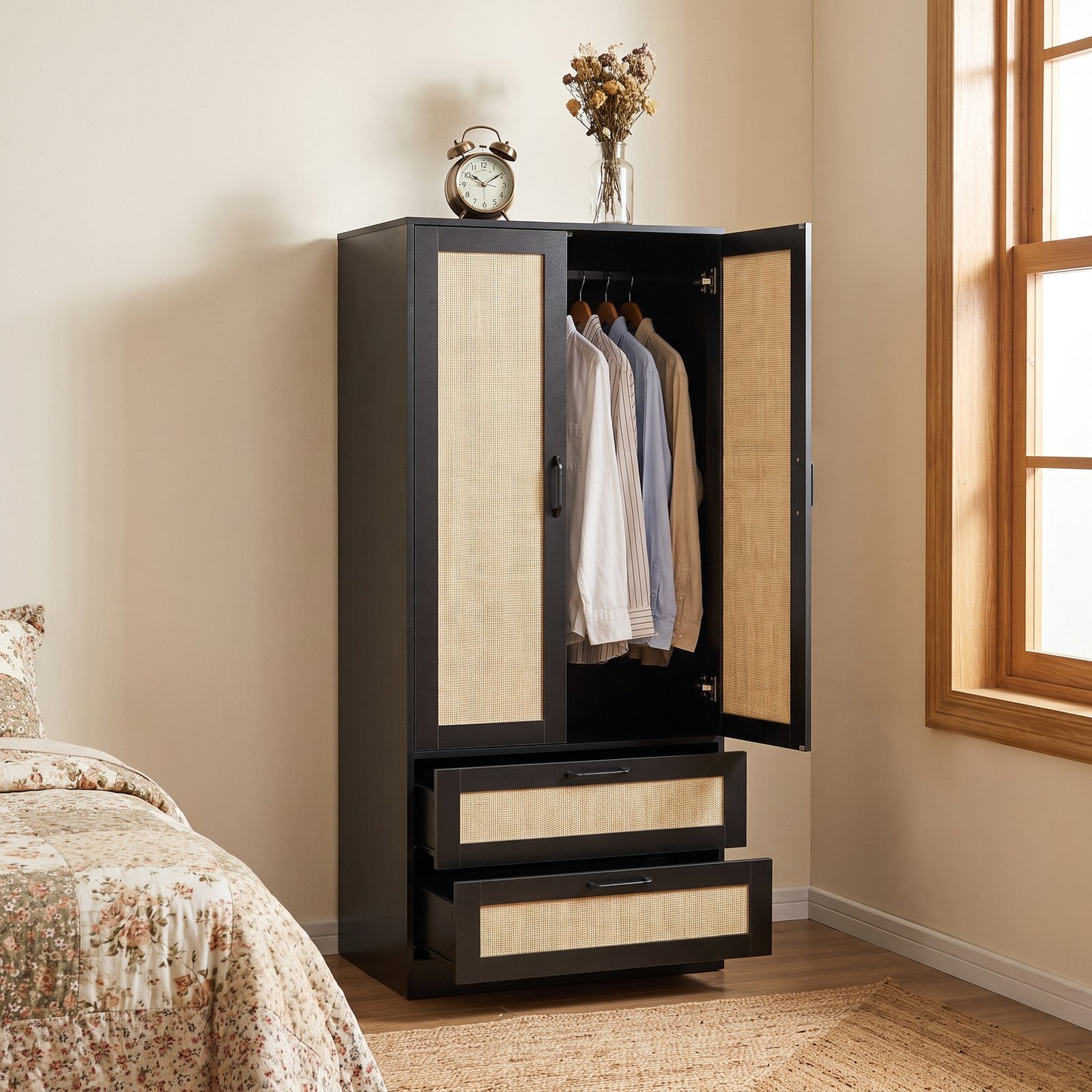 2-door Wardrobe With 2 Drawers | Black