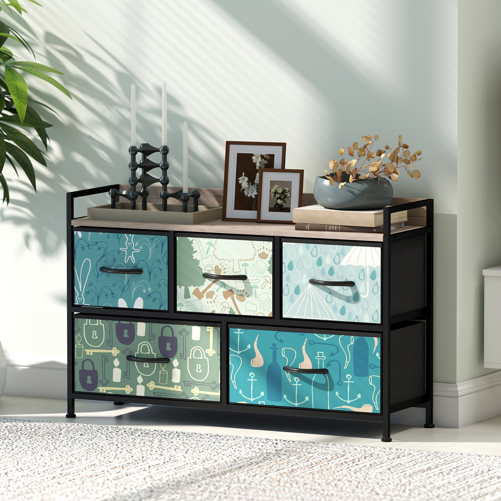 5-drawer Chest Of Drawers, Fabric Dresser With Open Shelf | Blue