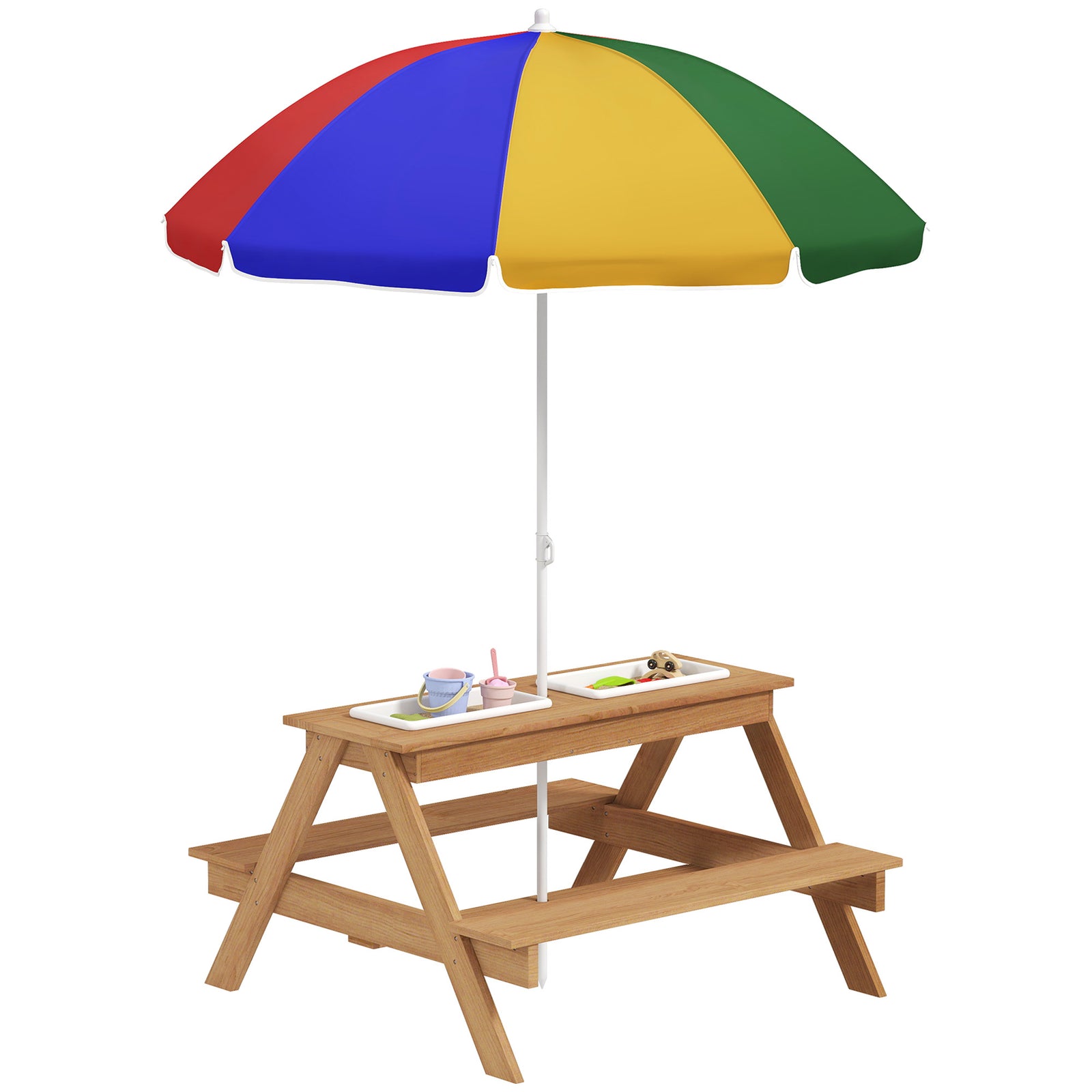 Kids Picnic Table, Sand And Water Table With Wooden Bench, Parasol, Storage Bins