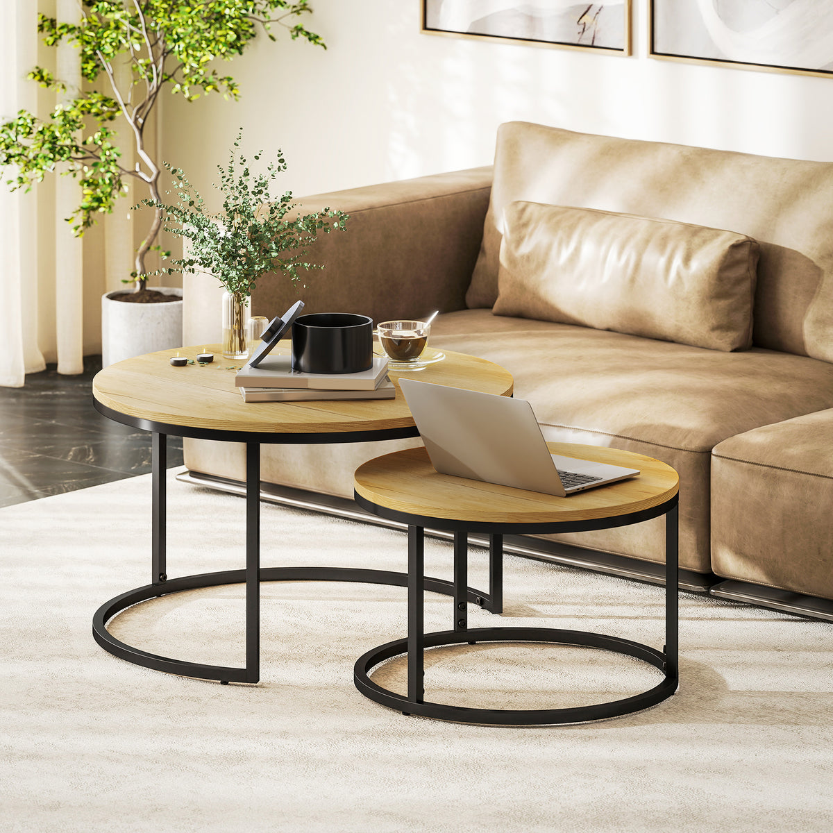 2 Pcs Stacking Coffee Table Set With Steel Frame | Natural