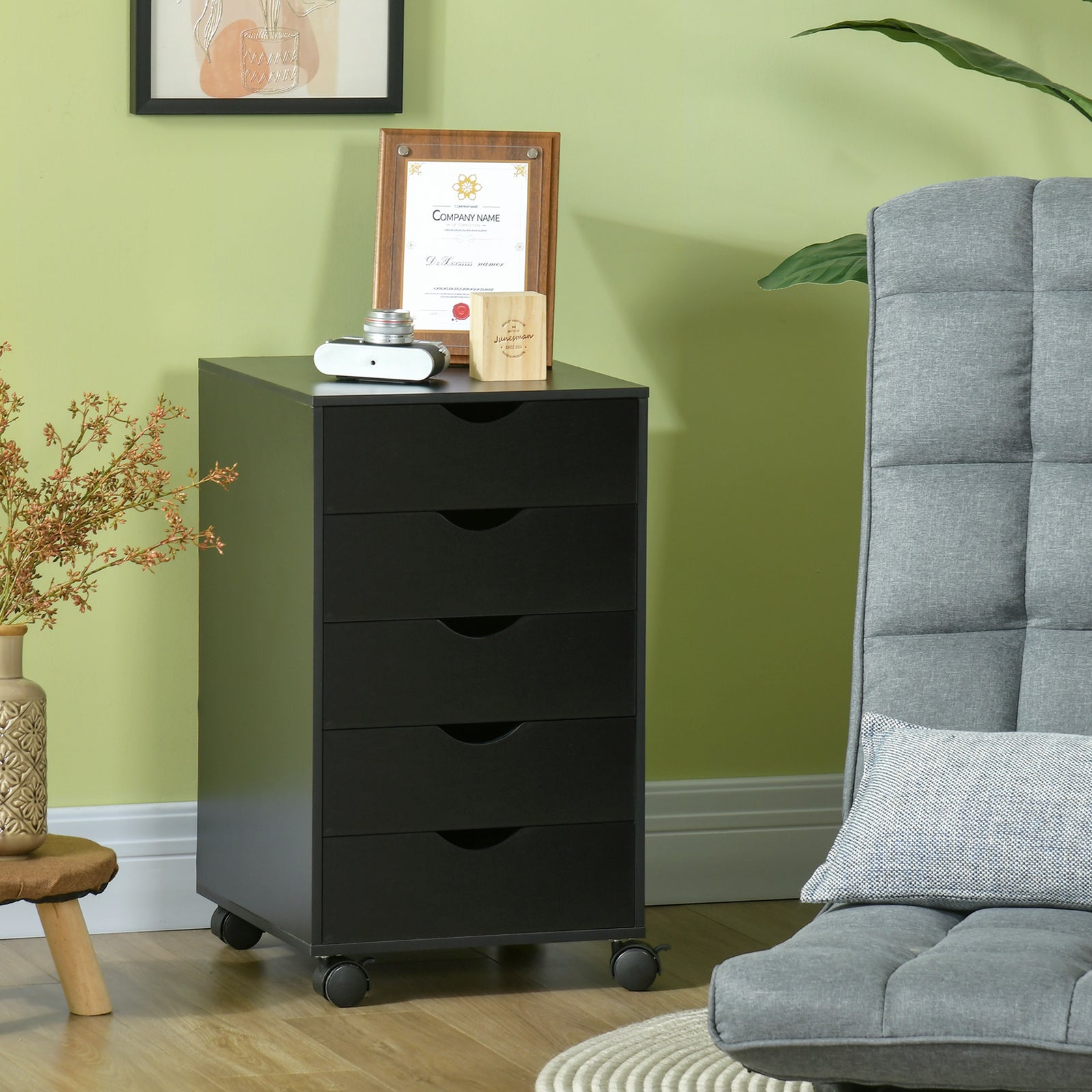 Mobile Vertical Filing Cabinet With 5 Drawers Home Office | One Size | Black