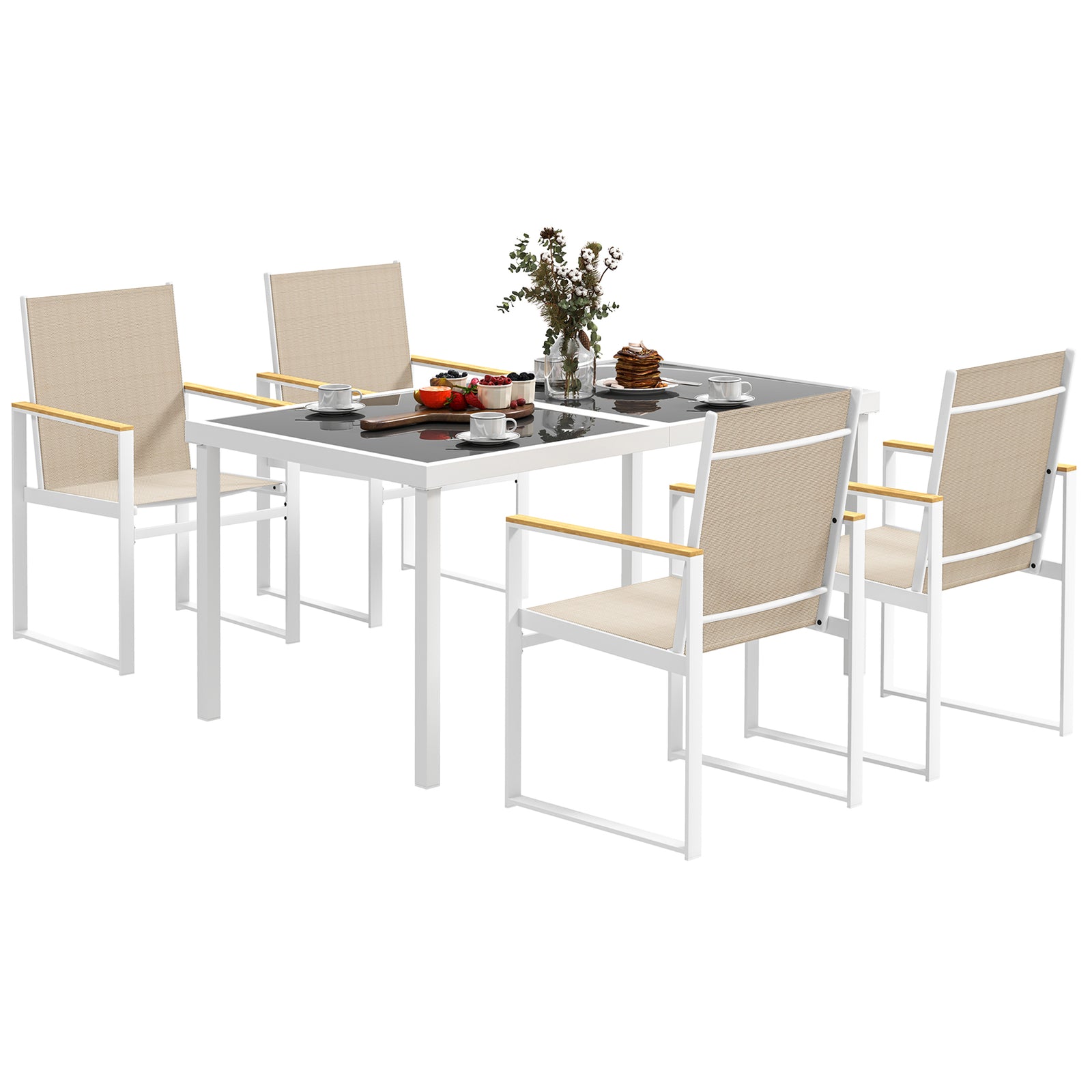 5 Piece Garden Table And Chairs W/ Tempered Glass Table Top