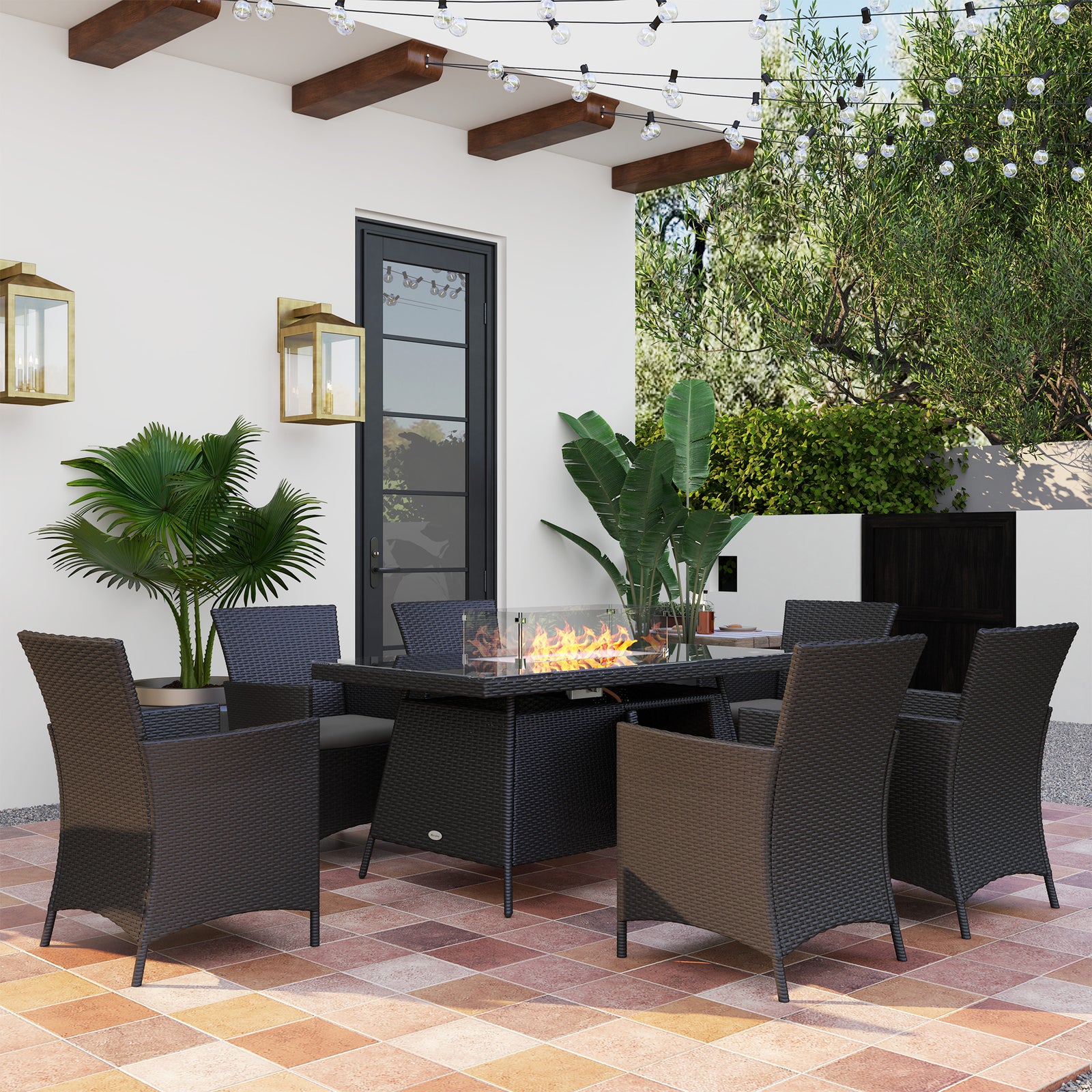 Rattan Dining Set With Fire Pit Table And Armchairs, Black