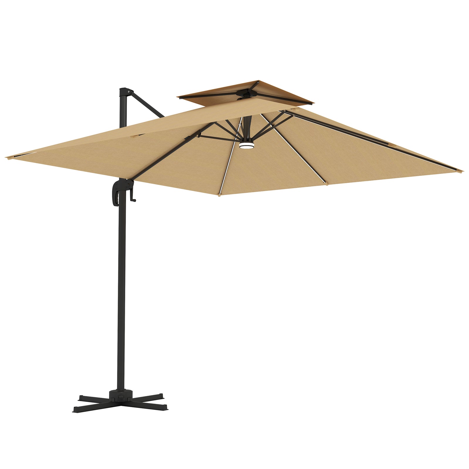 2.5m Cantilever Parasol, Solar Led Lights, Double Top | Khaki
