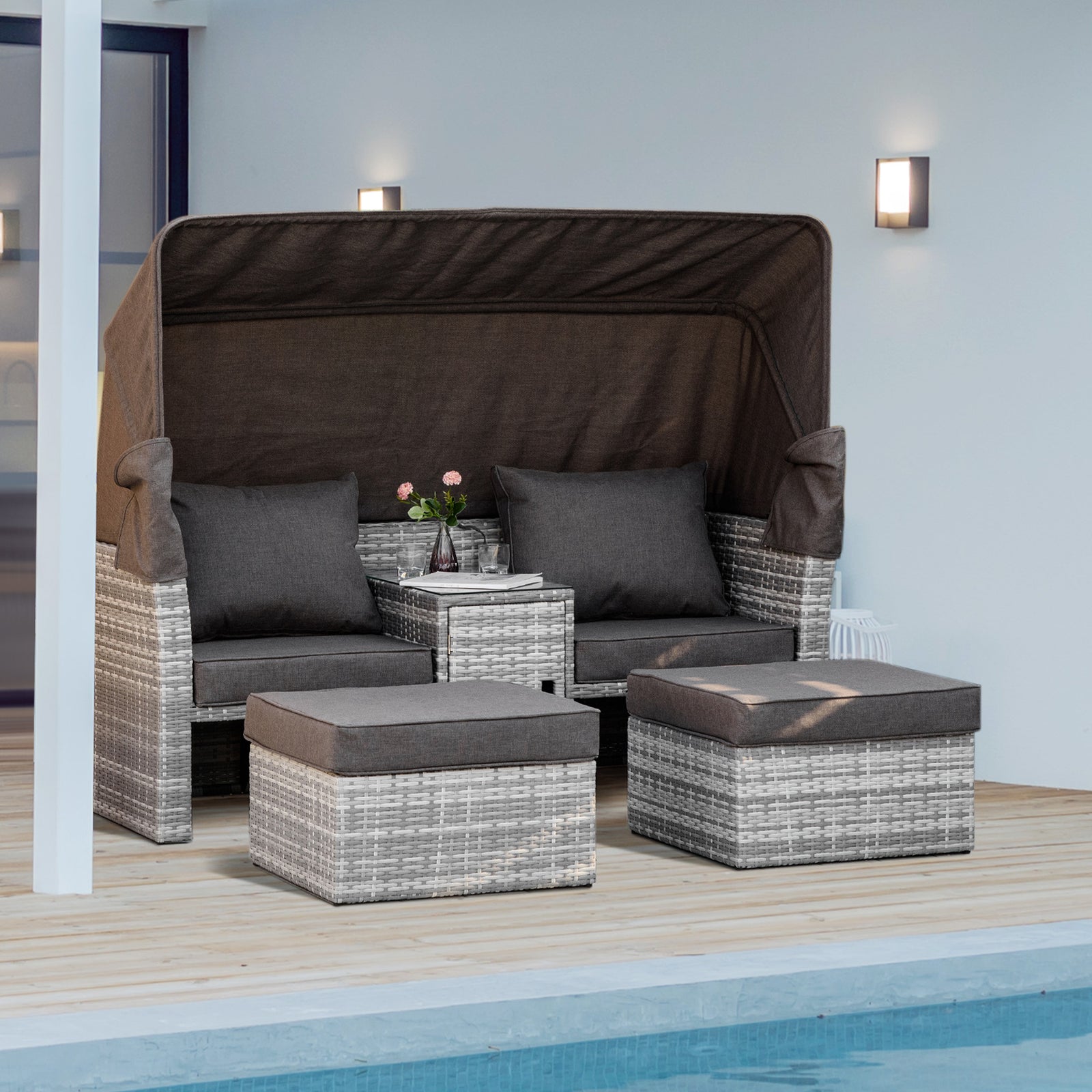 3 Pc Outdoor Rattan Daybed Sofa Table W/ Canopy
