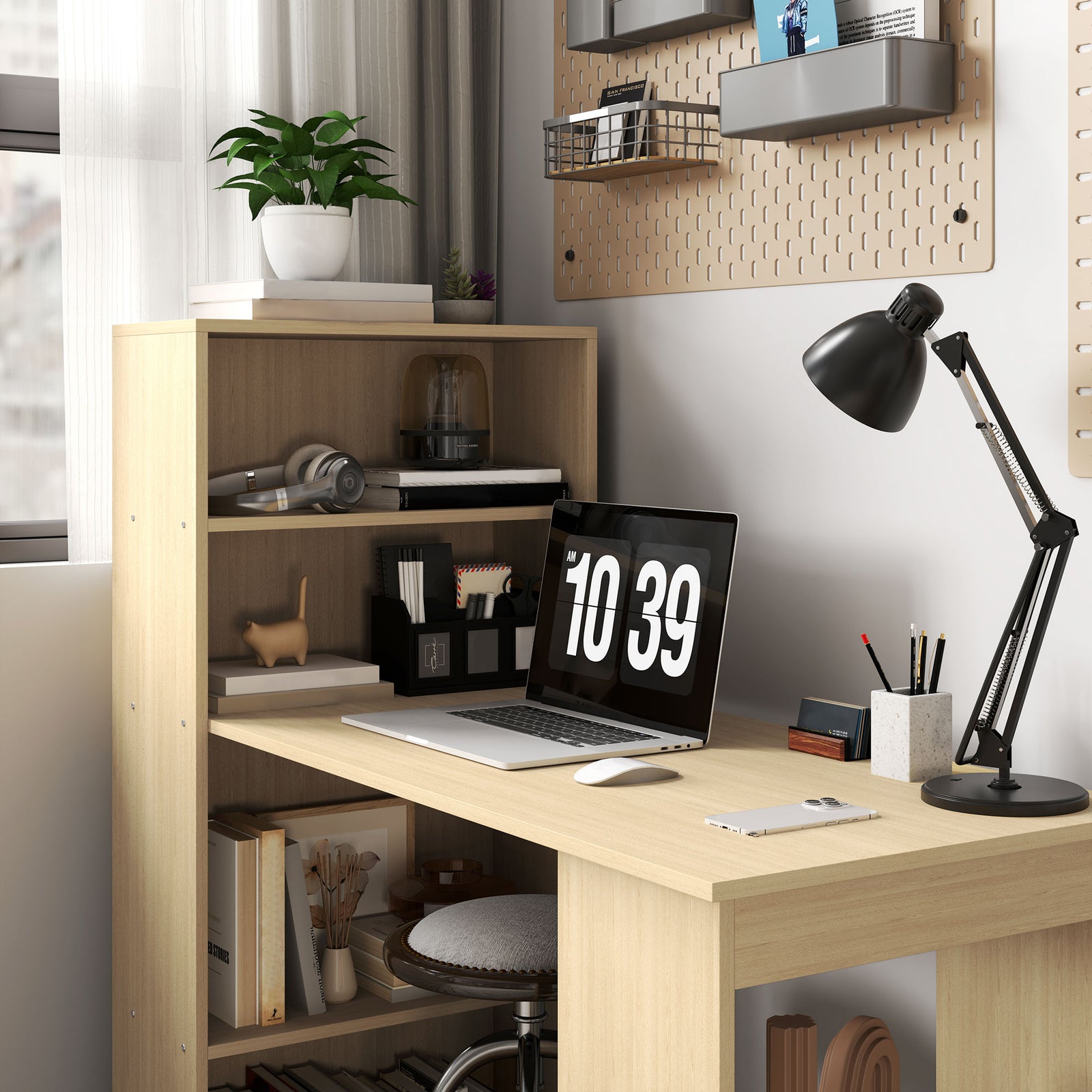 120cm Computer Desk Bookshelf Writing Table 6 Shelves | Natural