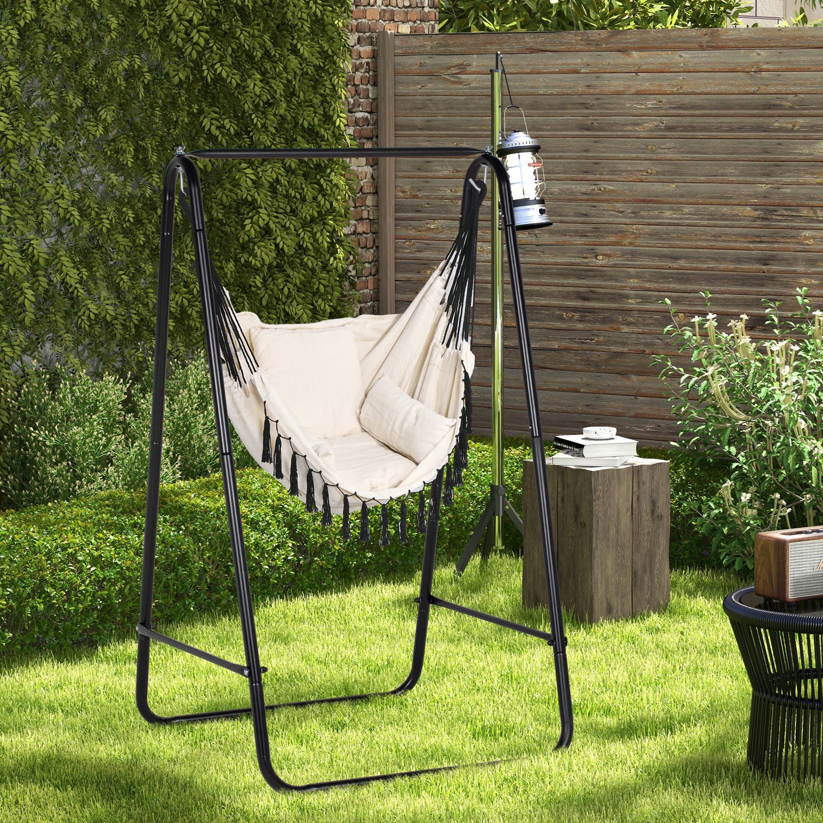 Patio Hammock Chair With Stand,  Cushion, Armrest, Hooks | Cream