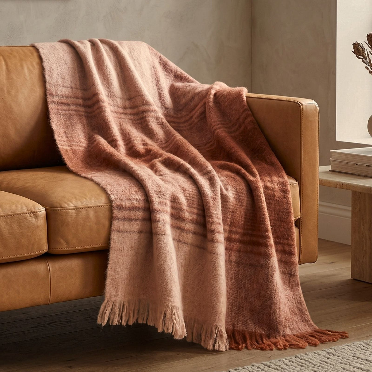 Pure Handmade Halo Gradient Wool Blend Bed & Sofa Throw Blanket, Rust
