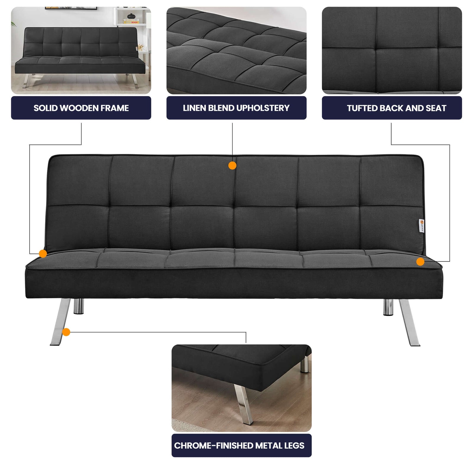 Click Clack Linen Blend Sofa Bed - 3 Seater | Black