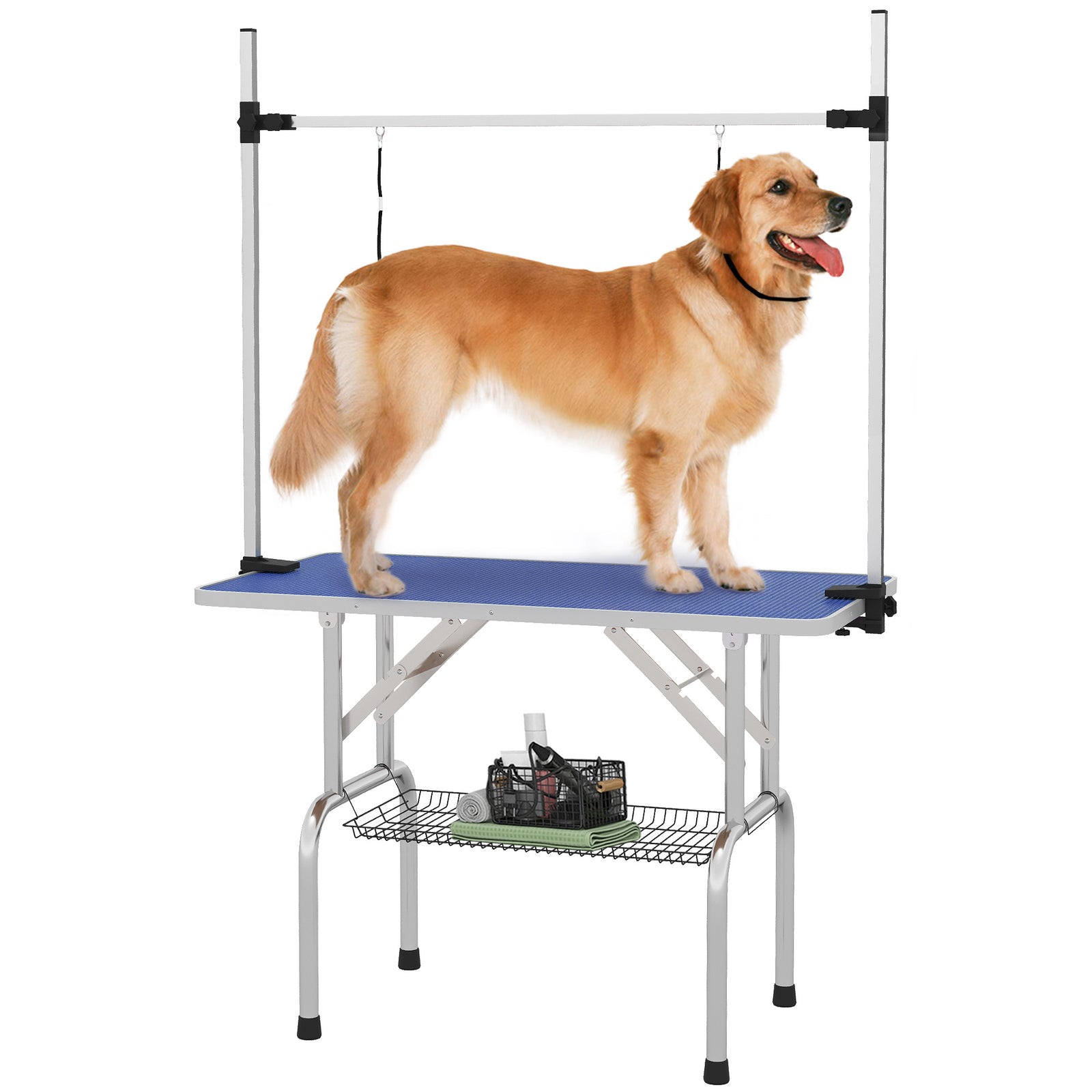 Metal Adjustable Dog Grooming Table Rubber Top 2 Safety Slings Mesh | Blue