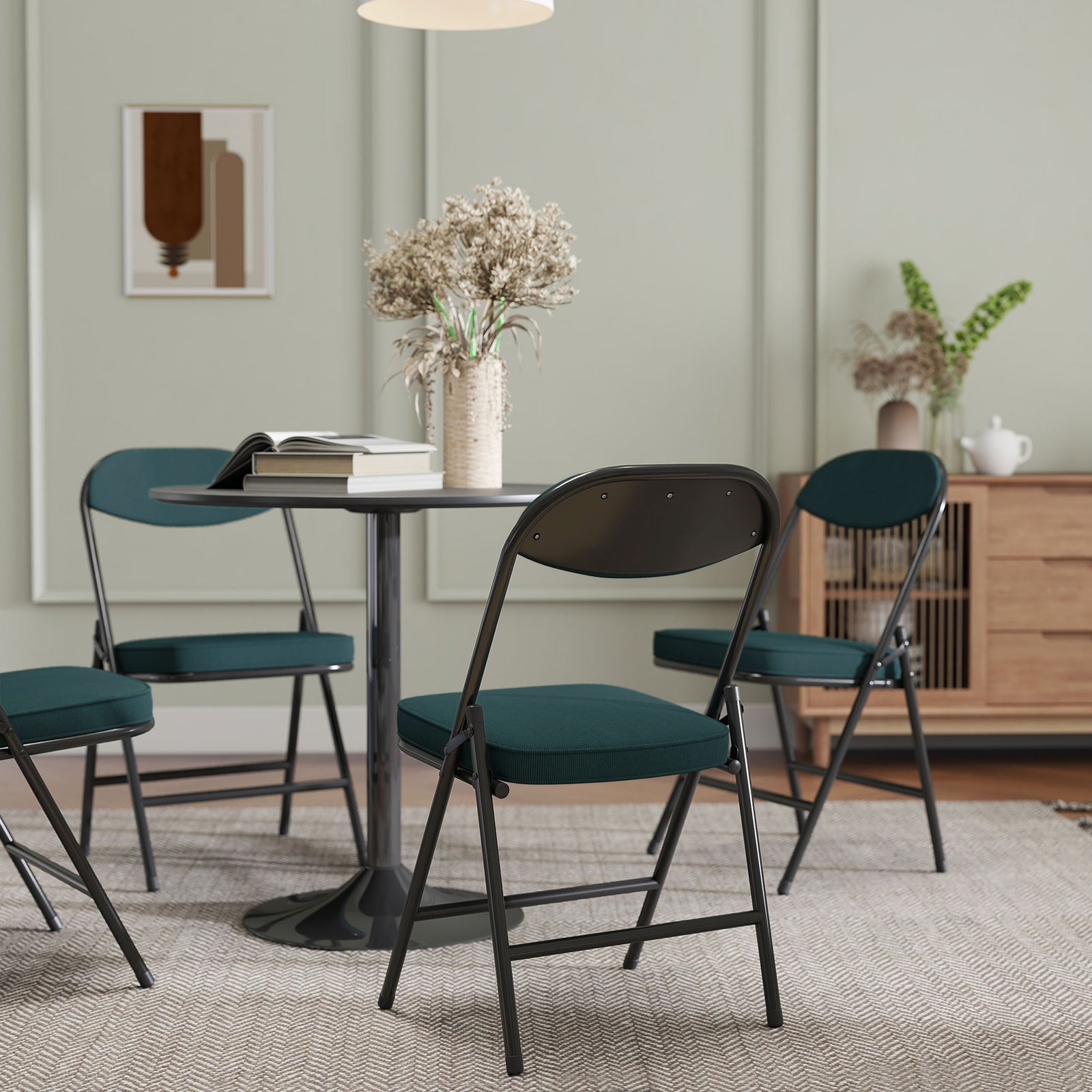Folding Chairs Set Of 4 With Cushioned Seat, Steel Frame | Teal