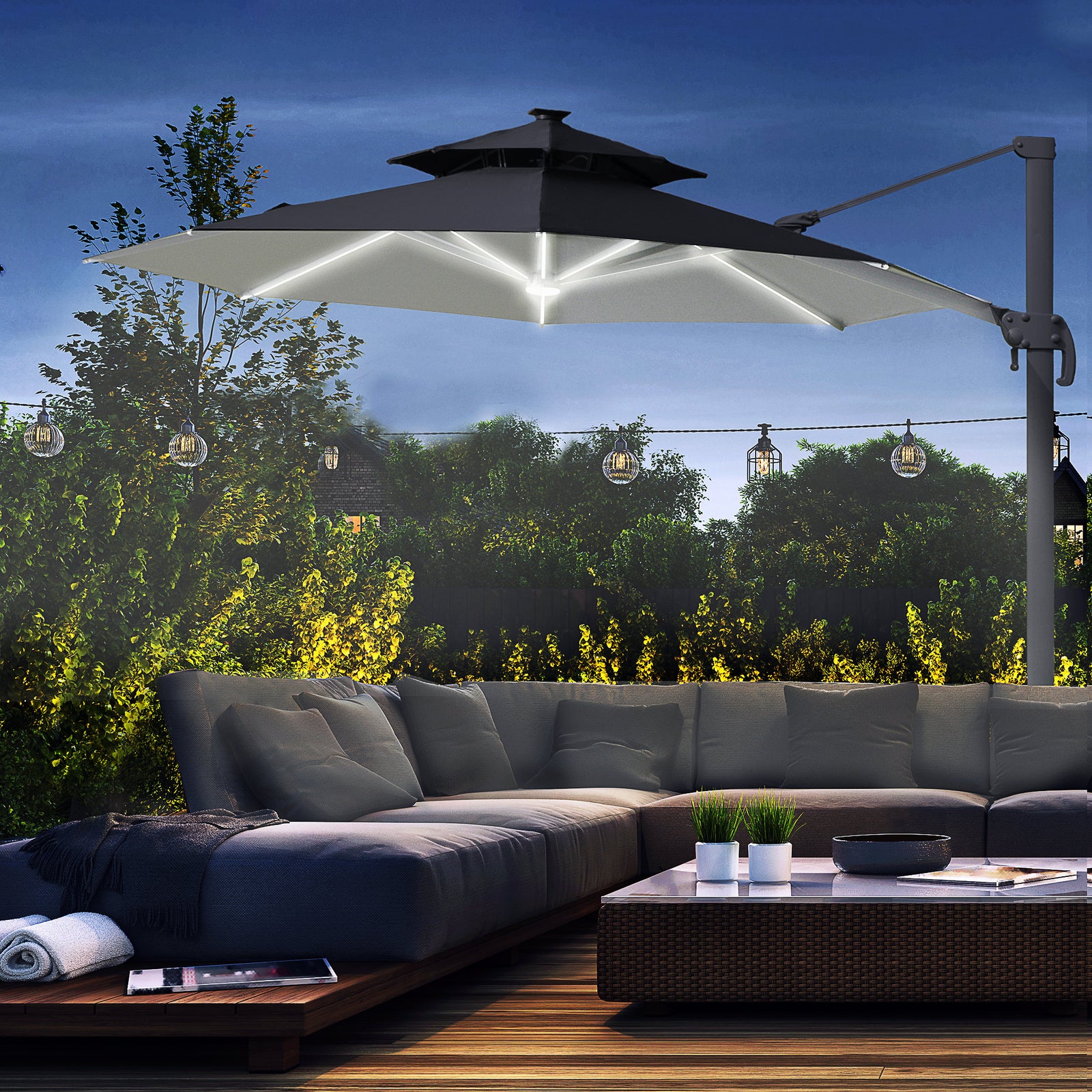 3m Cantilever Parasol W/ Solar Lights & 360° Spin | Dark Gray