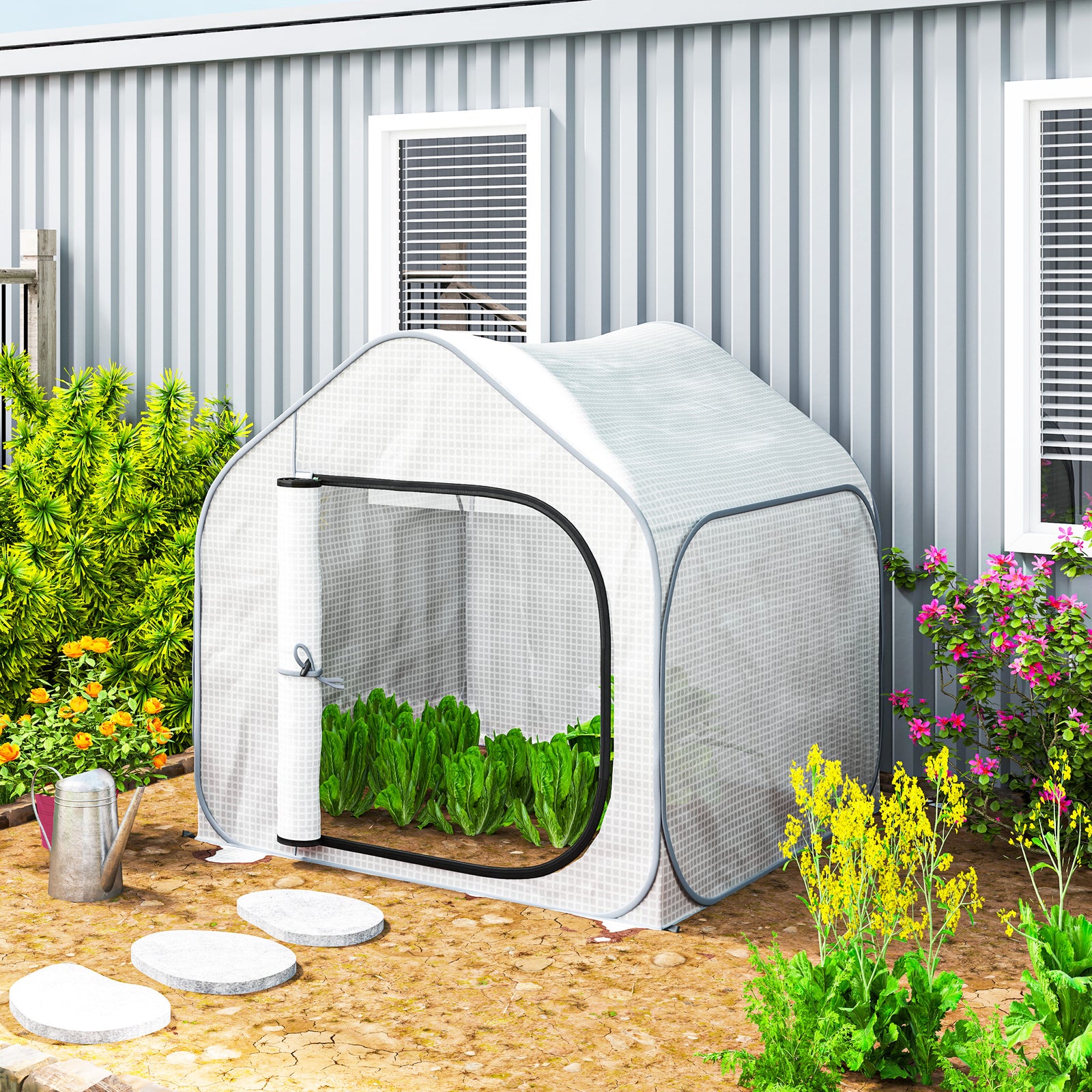 Mini Pop Up Greenhouse W/ Reinforced Pe Cover, Zipper Door | White