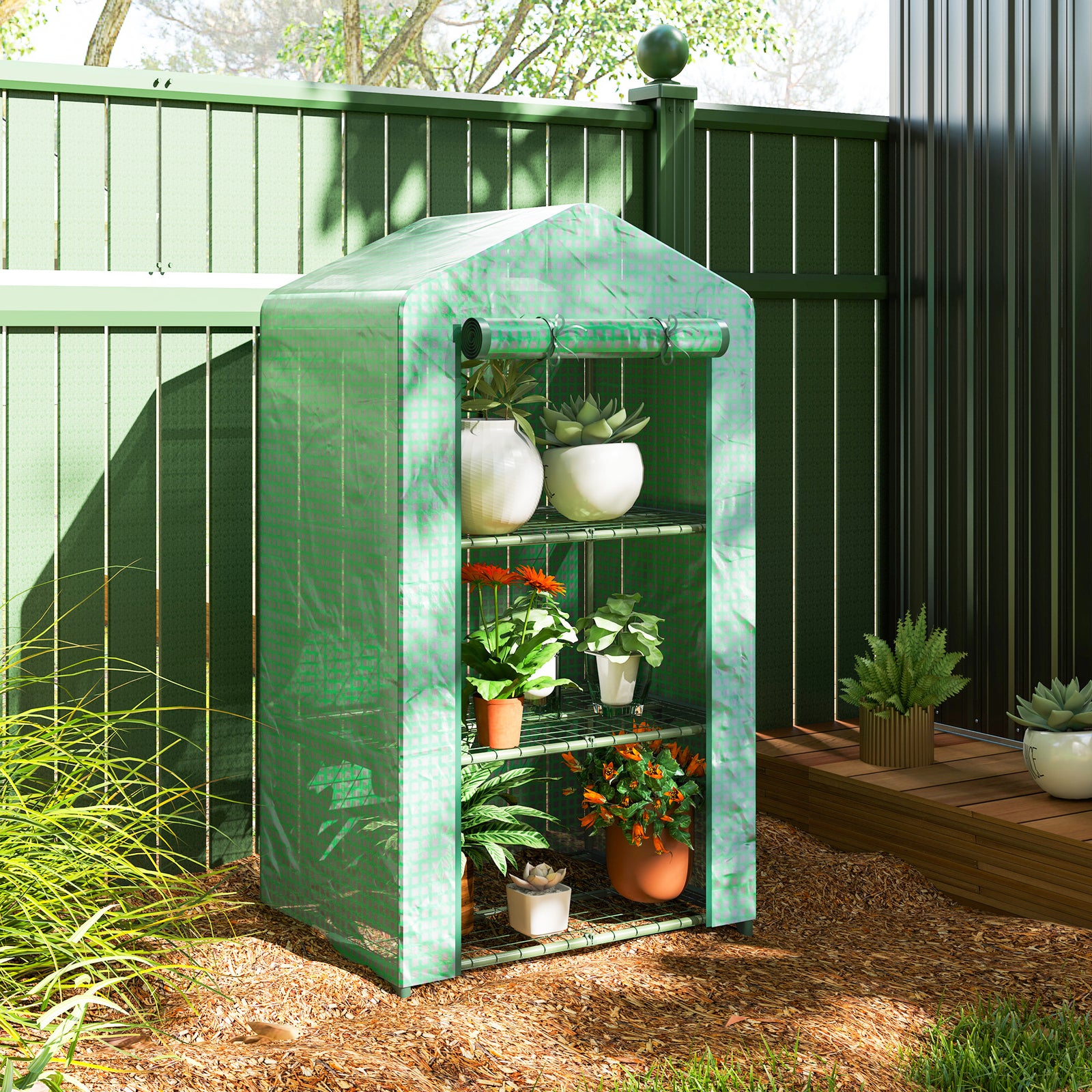 3 Tier Mini Greenhouse Grow House W/ Roll Up Door, Green