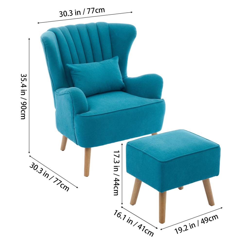 Upholstered Armchair With Footstool – Linen Fabric, Solid Wood Frame,mustard Yellow/ Teal | Teal