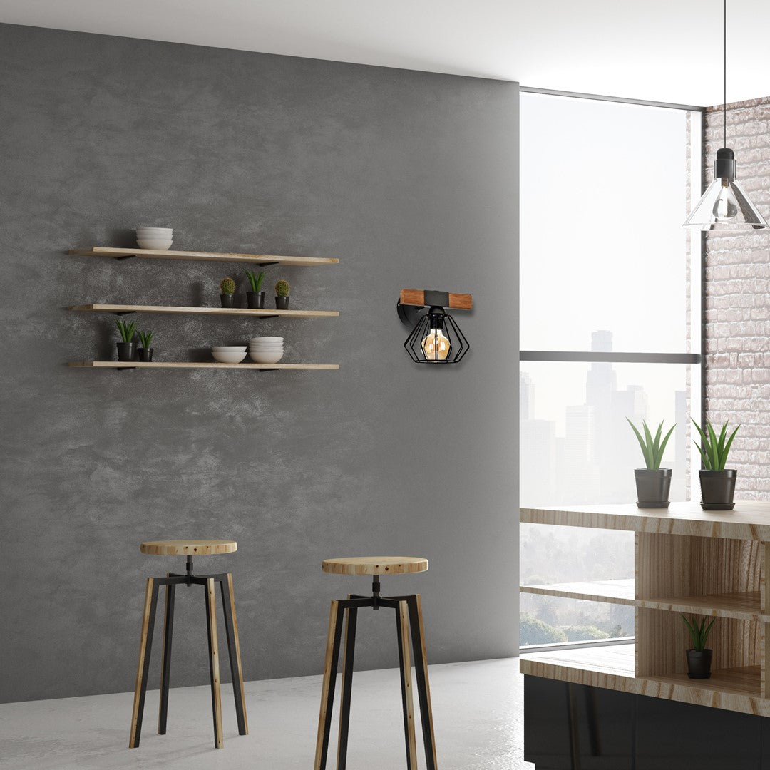 Ulf Hand Made Pendant Lamp Matt Black Cage Natural Wood Rugged Industrial Chic