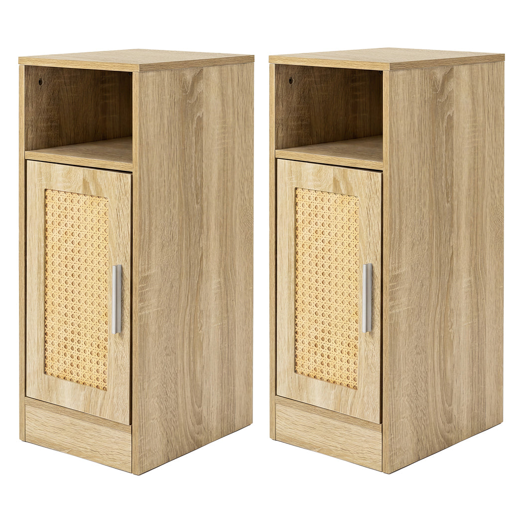 Bedside Table 2 Pc Narrow Side Table Boho Rattan Storage For Bedroom Wood | Brown