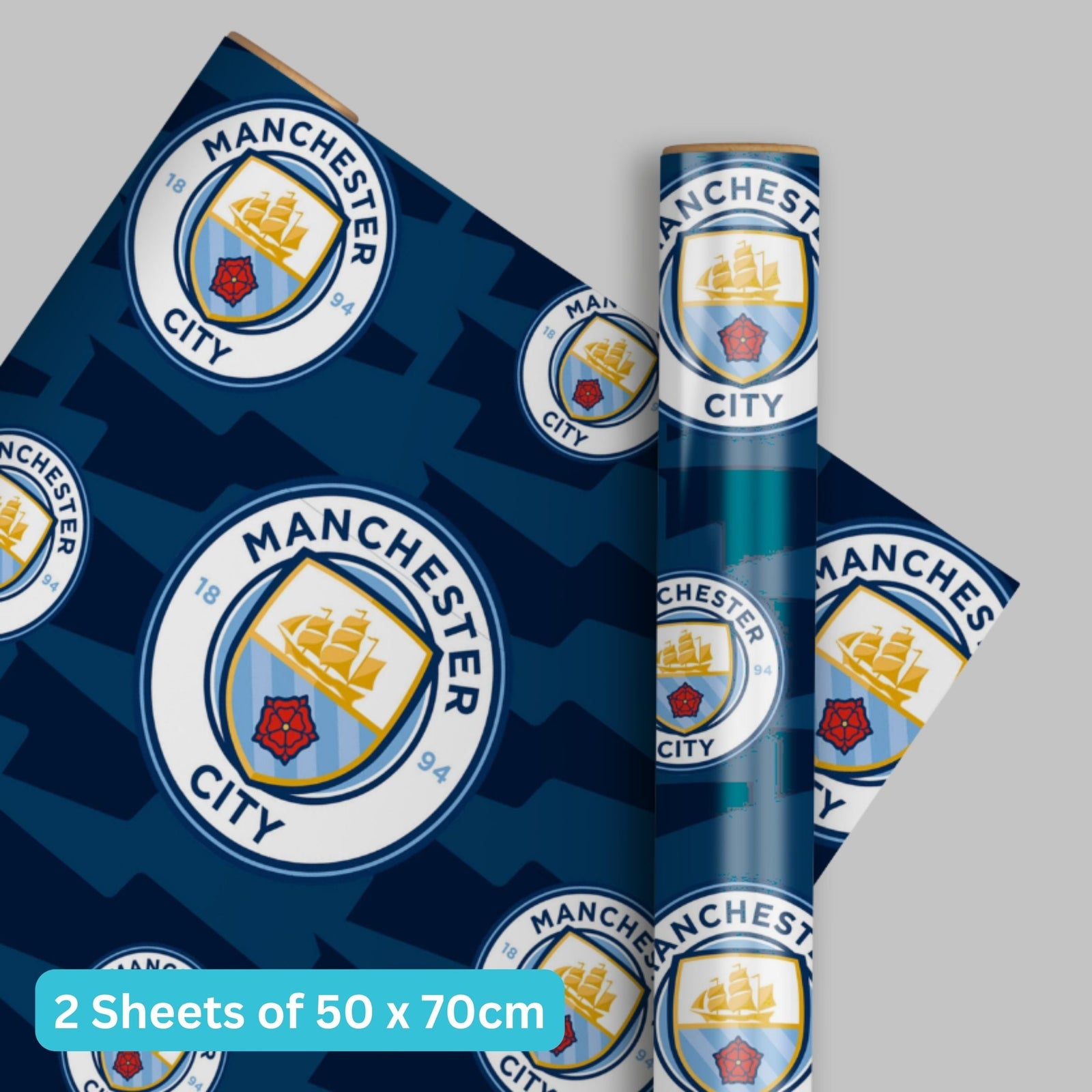 Manchester City FC Gift Wrap, 2 Sheet 2 Tag, Official Product