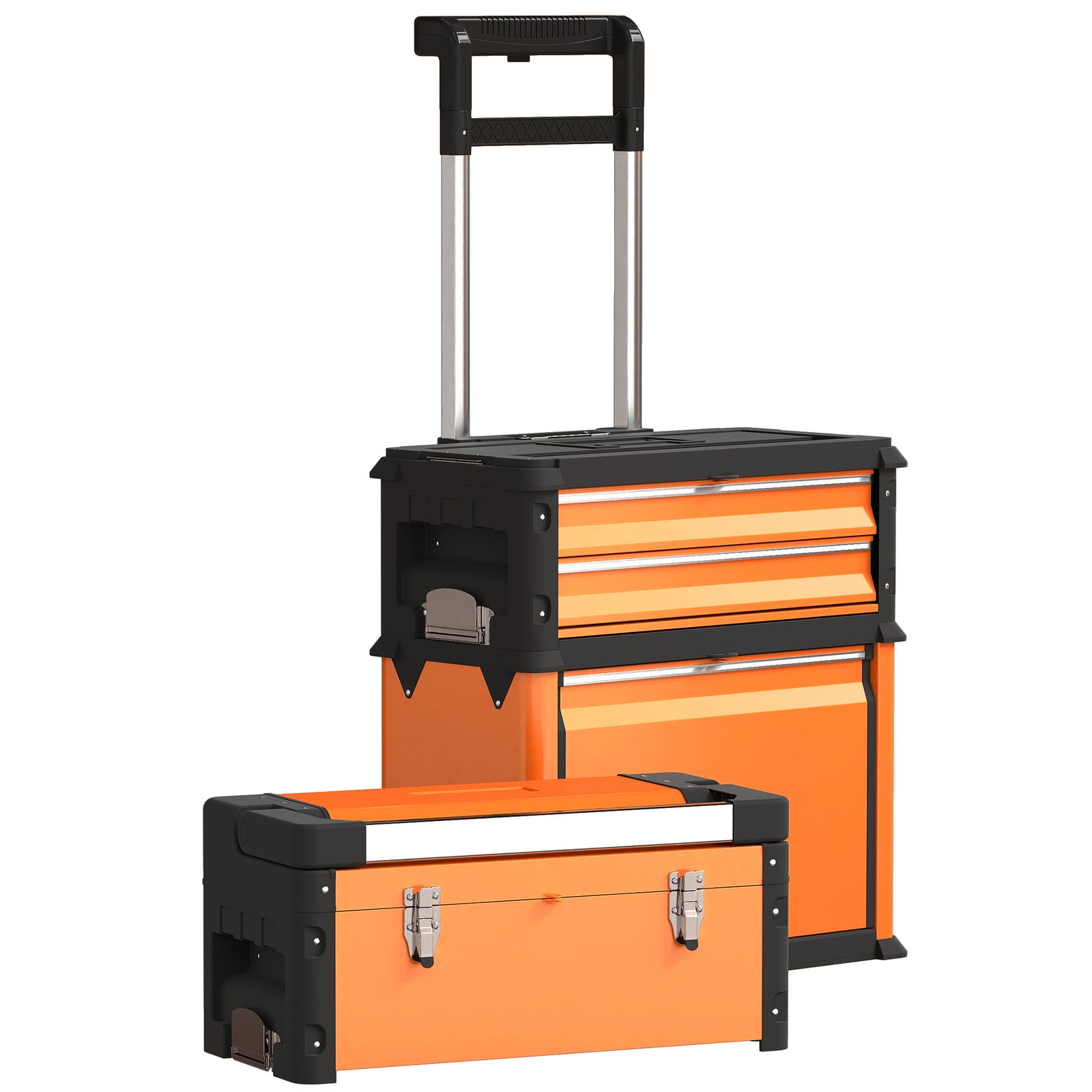 3-tier Tool Box With Wheels, Stackable Steel Toolbox | Orange