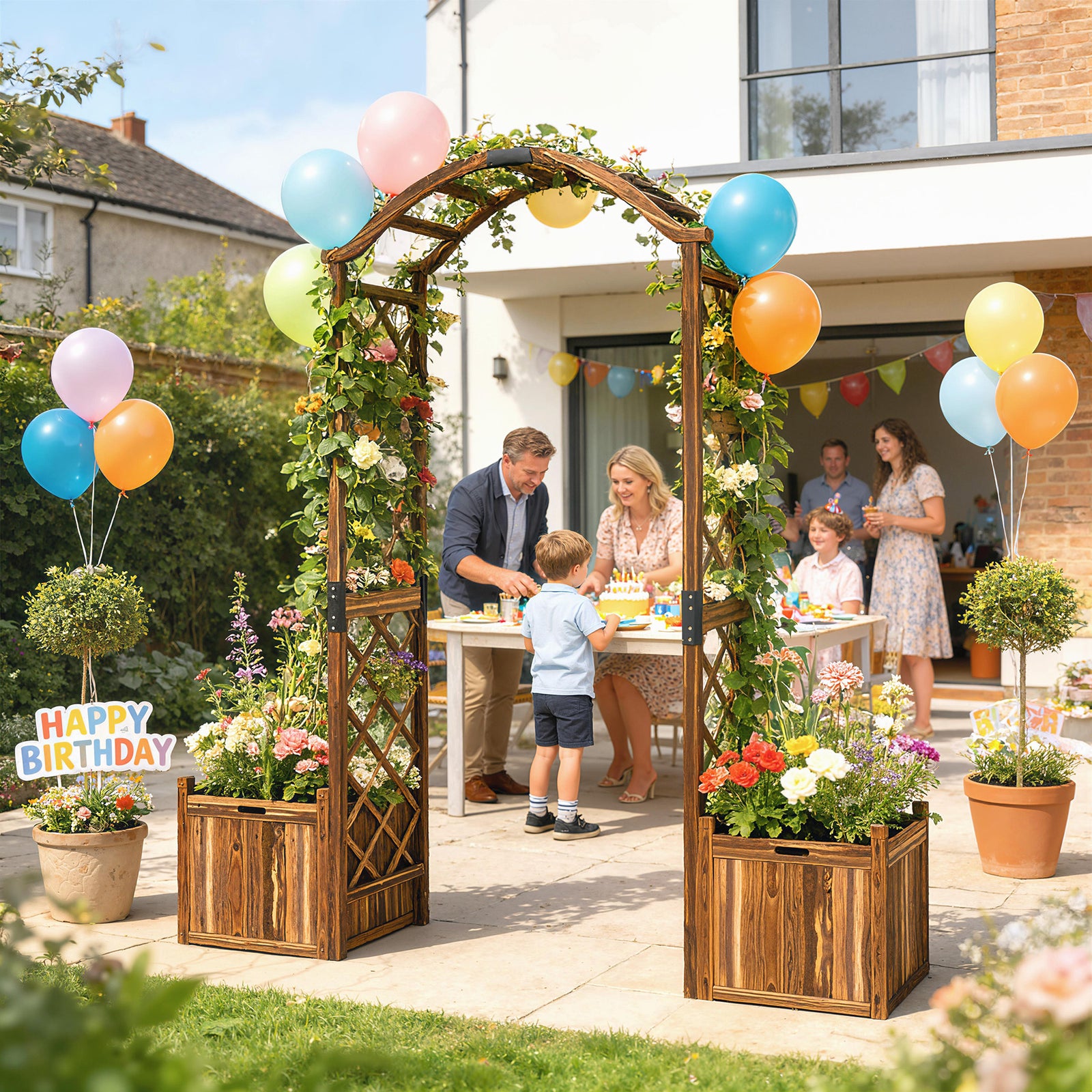 Outsunny Wooden Garden Arch With 2 Planter Boxes, Decorative Garden Arbor