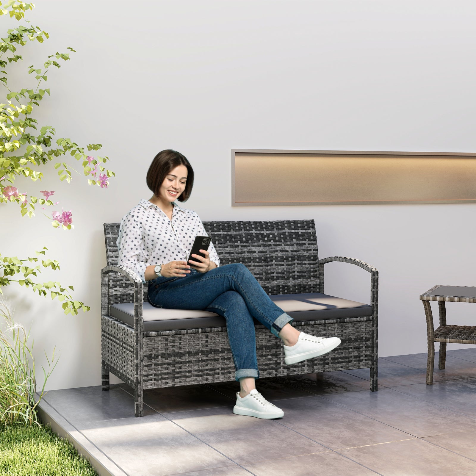 Rattan Garden Bench W/ 125l Storage, Cushioned Outdoor Bench