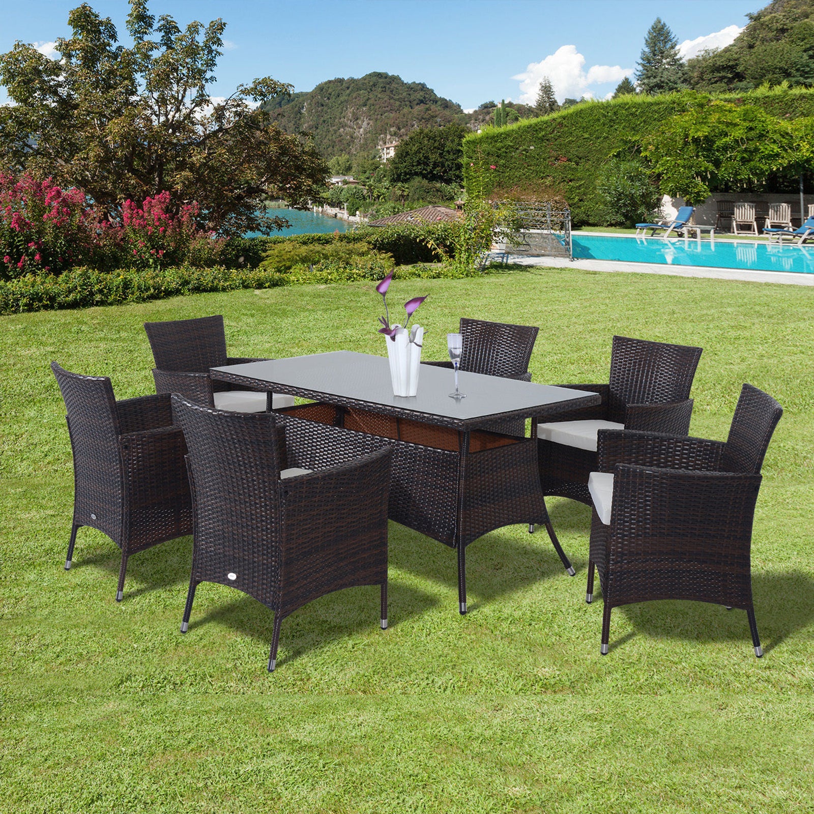 7pc Rattan Garden Furniture Dining Set Wicker Conservatory | Brown