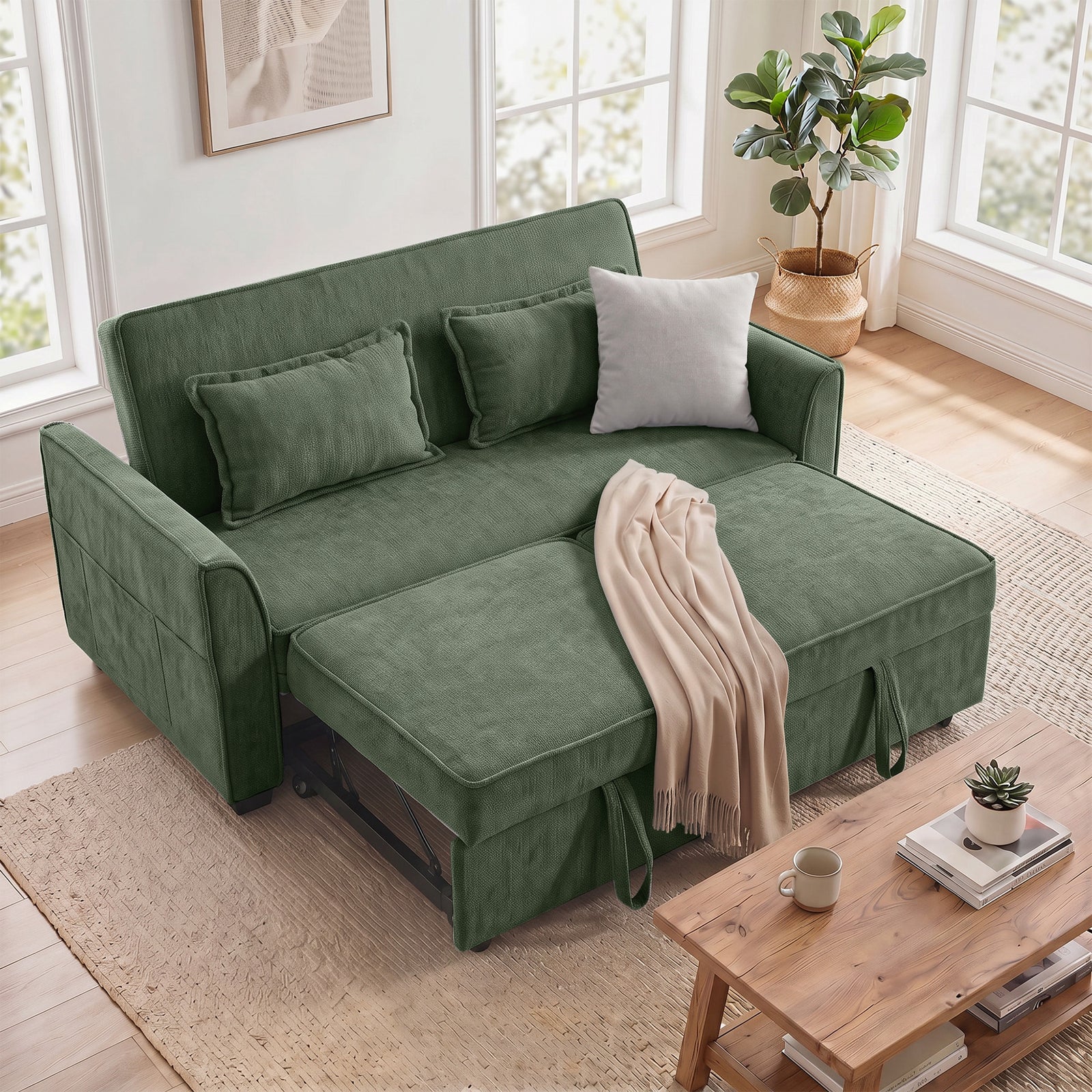 2 Seater Sofa Bed, 4-in-1 Convertible Pull Out Sleeper Sofa | Dark Green