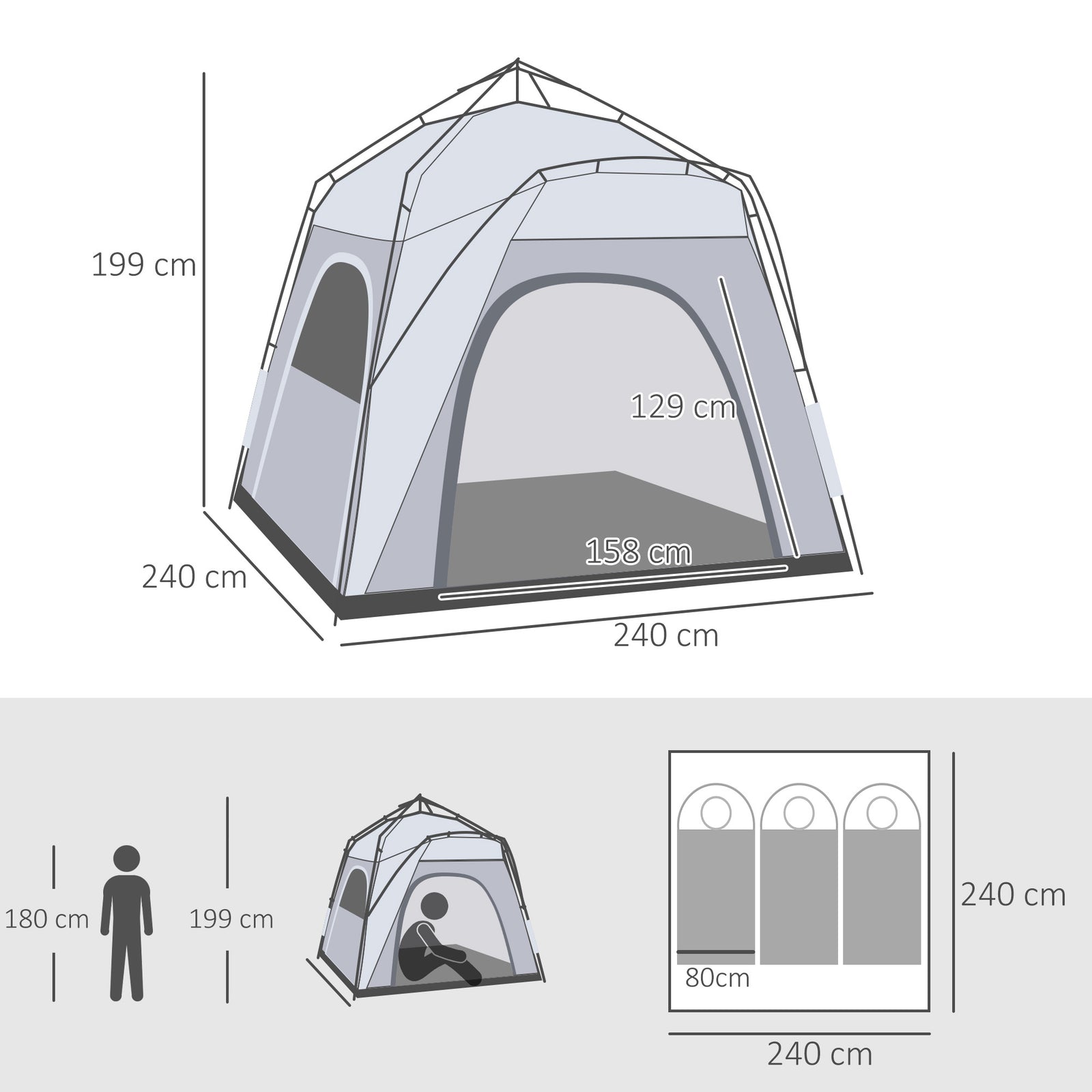 3 Man Pop Up Tent Automatic Camping Backpacking Dome Shelter | Light Slate Gray