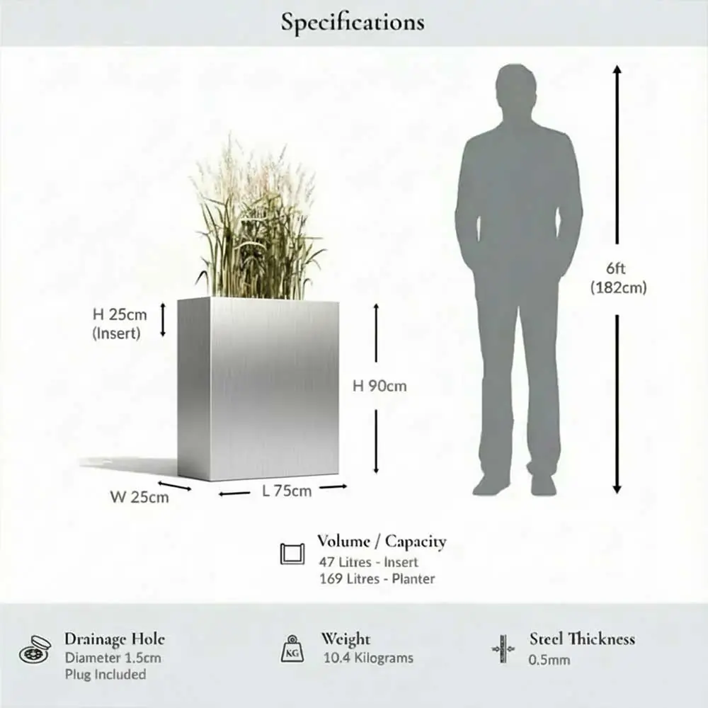Long Zinc Galvanised Tall Trough Planter | 75cm x 25cm x 90cm | Silver