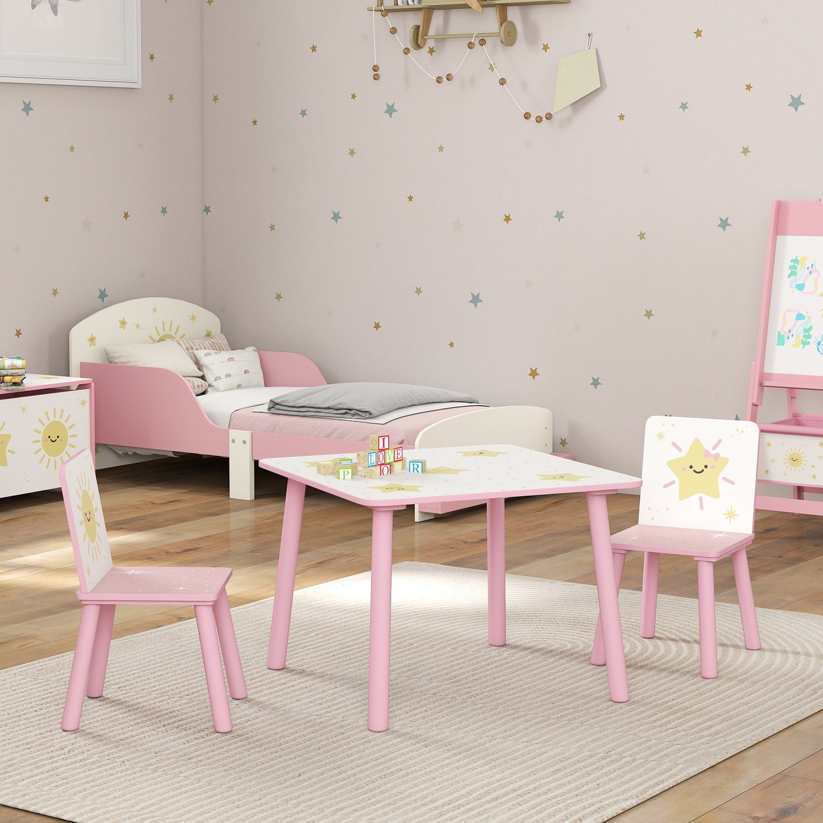 3-piece Kids Table With 2 Chairs Set For Bedroom, Nursery | Pink